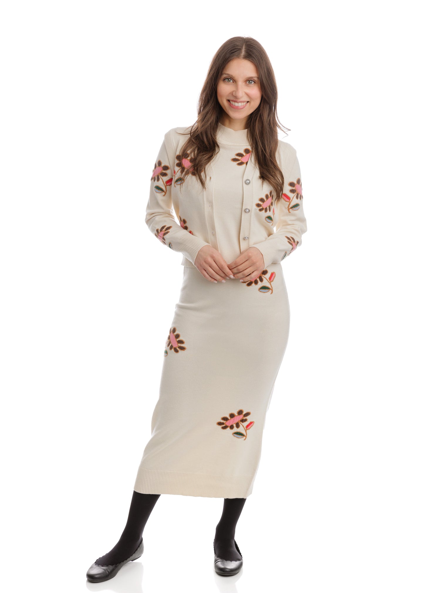 Cream Knit Dress With Flower Print And Vest Overlay On Top