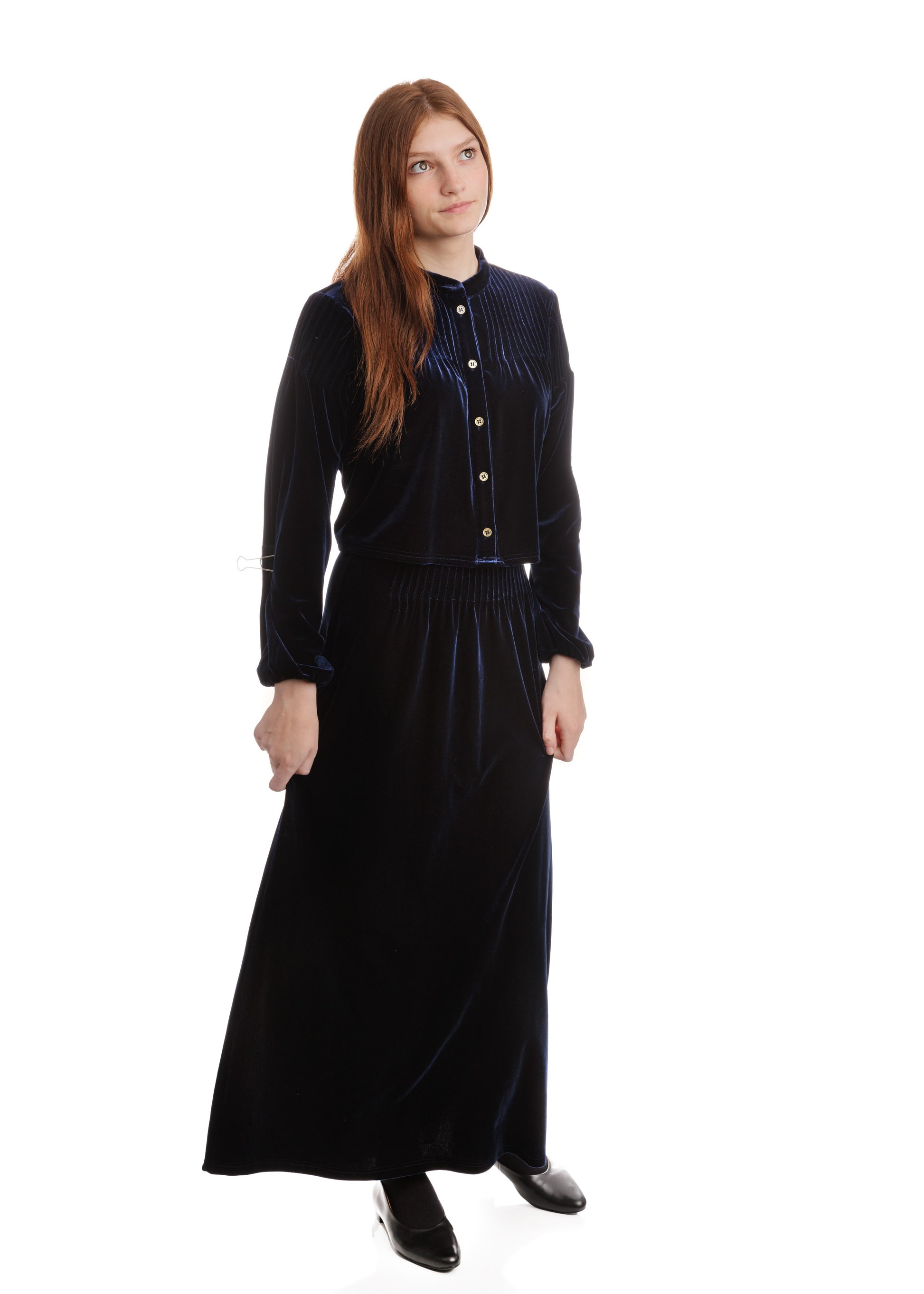 Navy Pleated Velvet Skirt