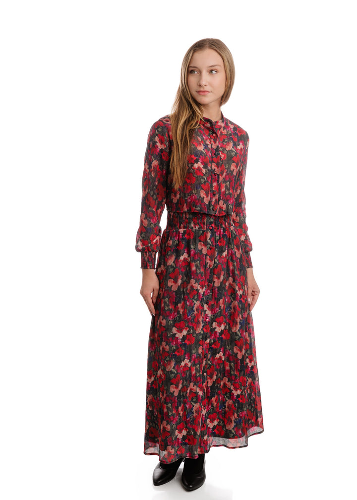 Red Flower Printed Scrunch Yoke Top