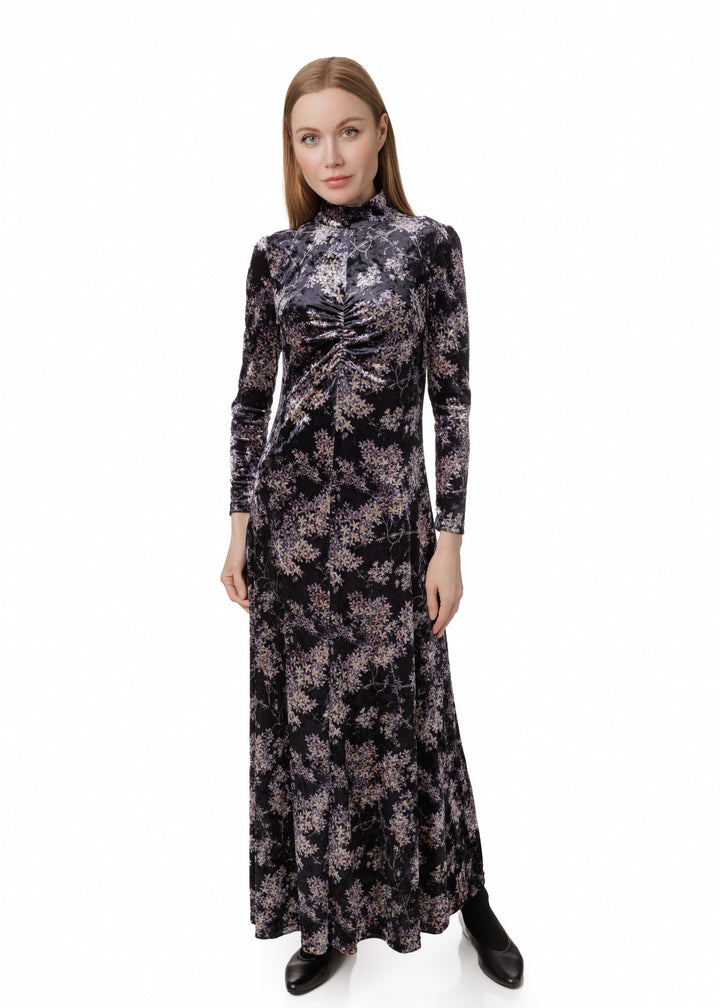 Ruched Velvet Floral Dress