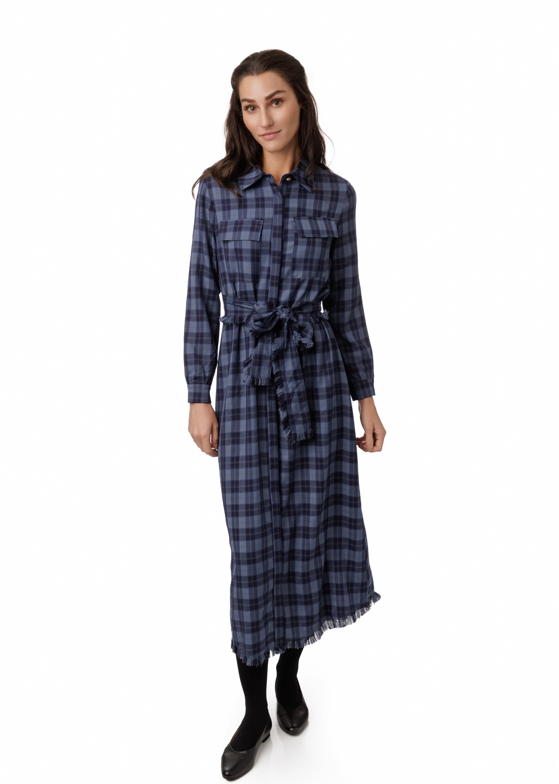 Navy Vichy Plaid Printed Shirt Dress With Fringe Waist Belt