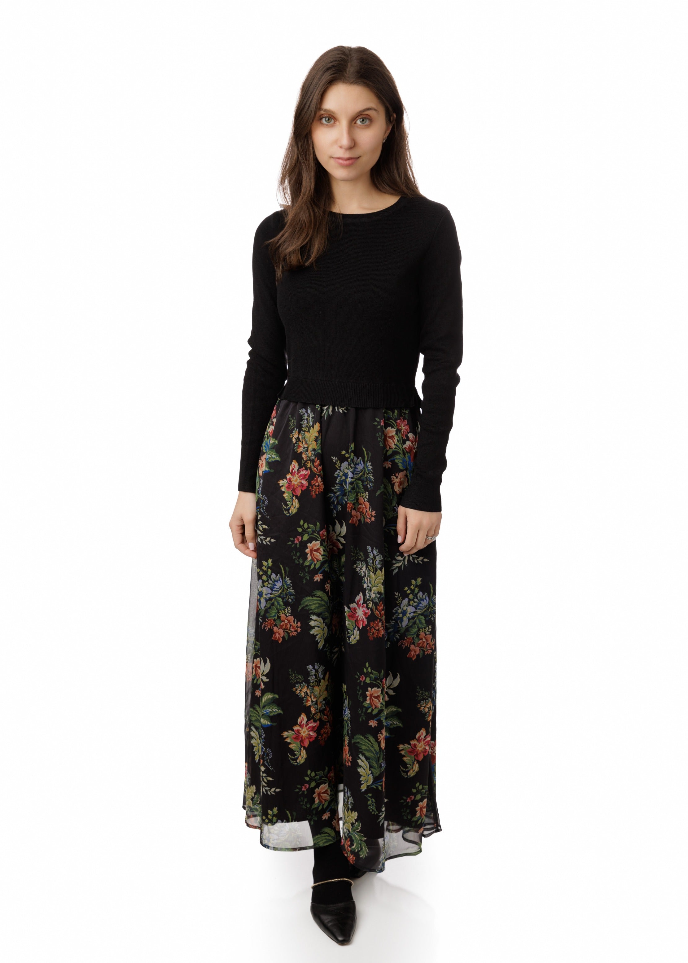 Black Knit And Floral Multi Printed Bottom Dress