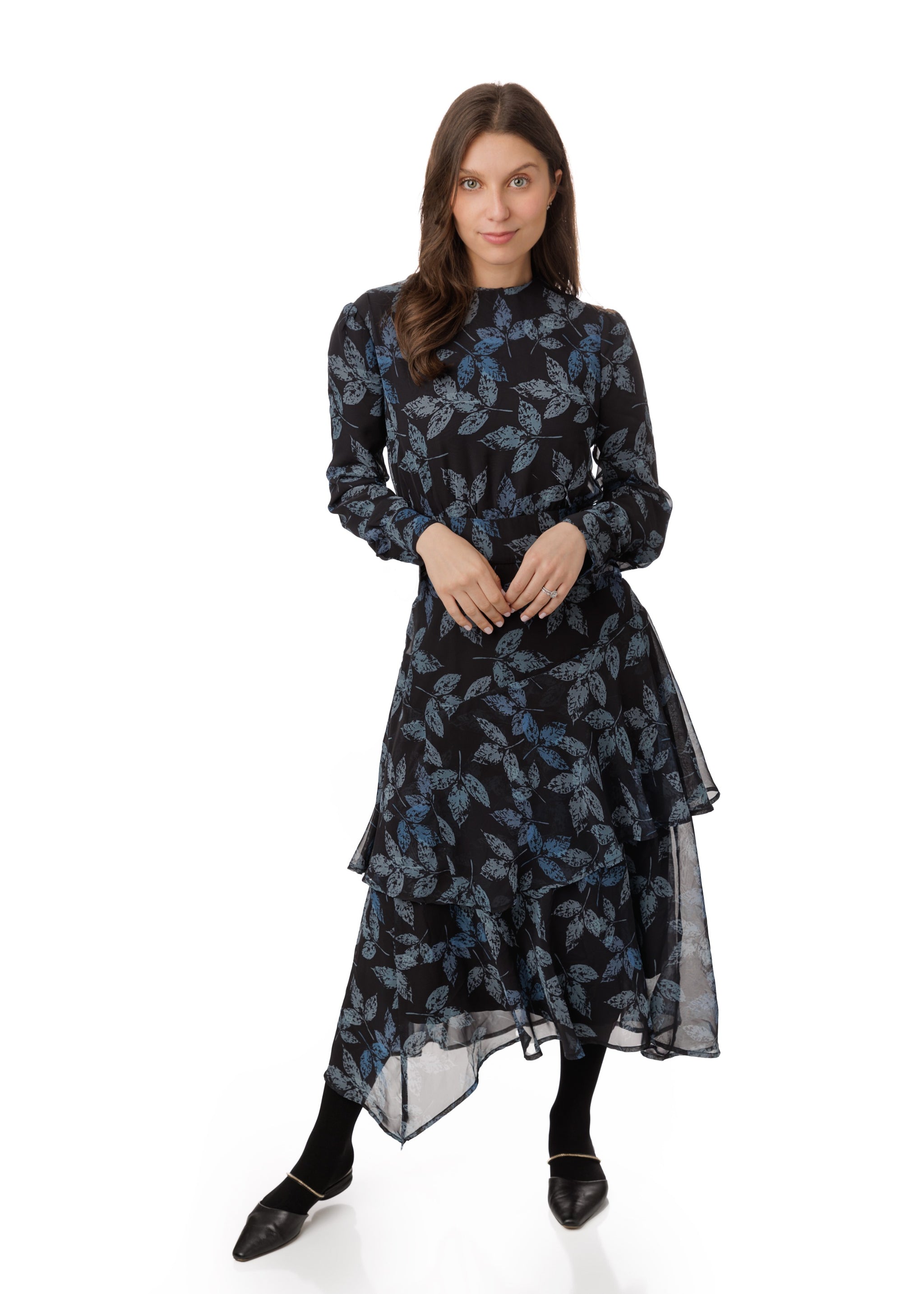 Black Green/Blue Leaves Printed Irregularity Layer Dress