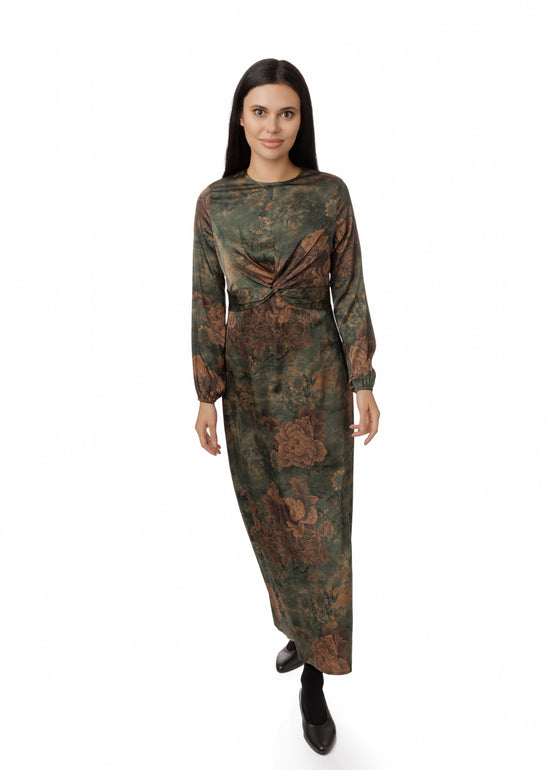 Green Chinoiserie Printed Dress With Crossed Waist