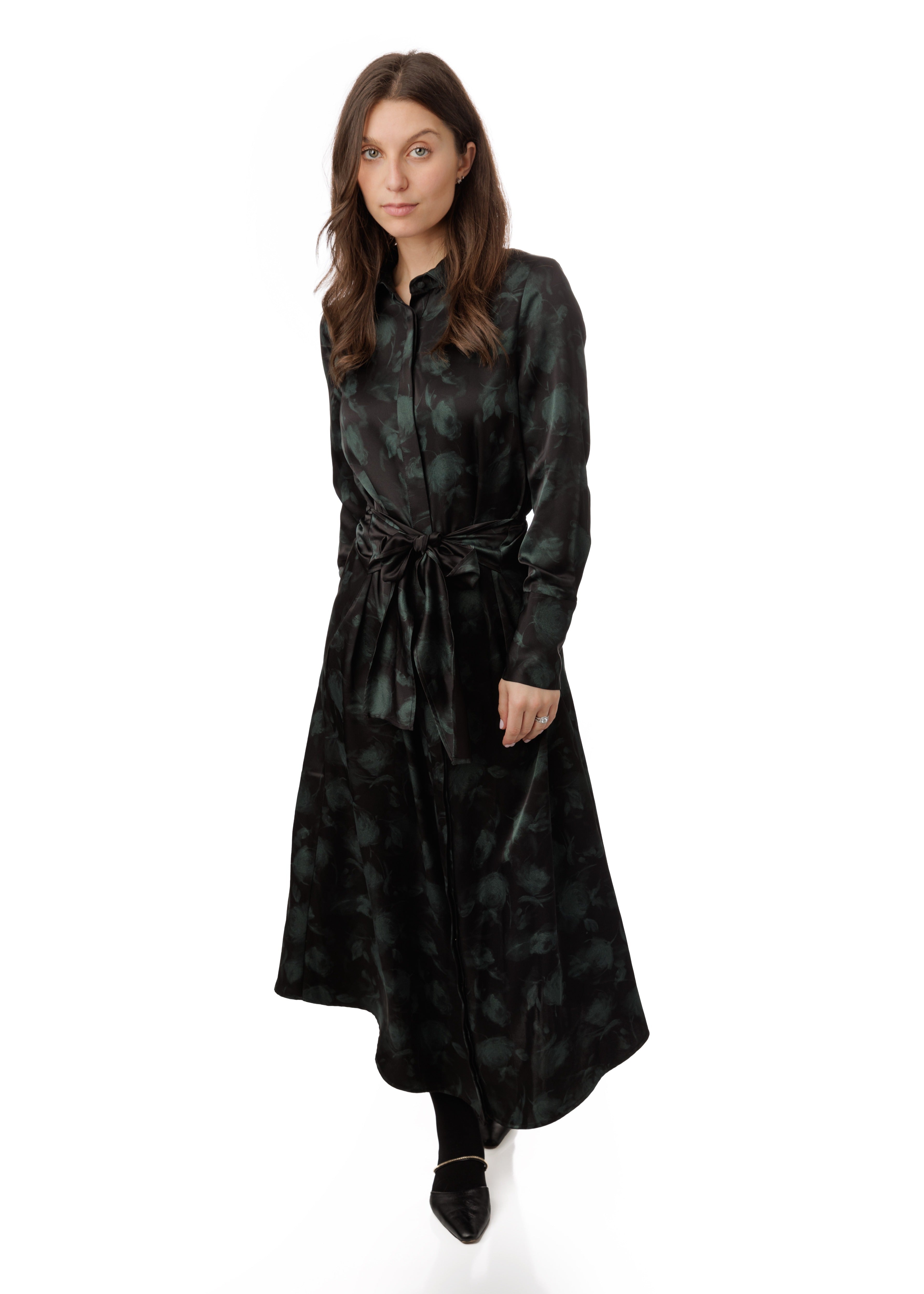 Black Base Green Indistinct Rose Printed Shirt Dress