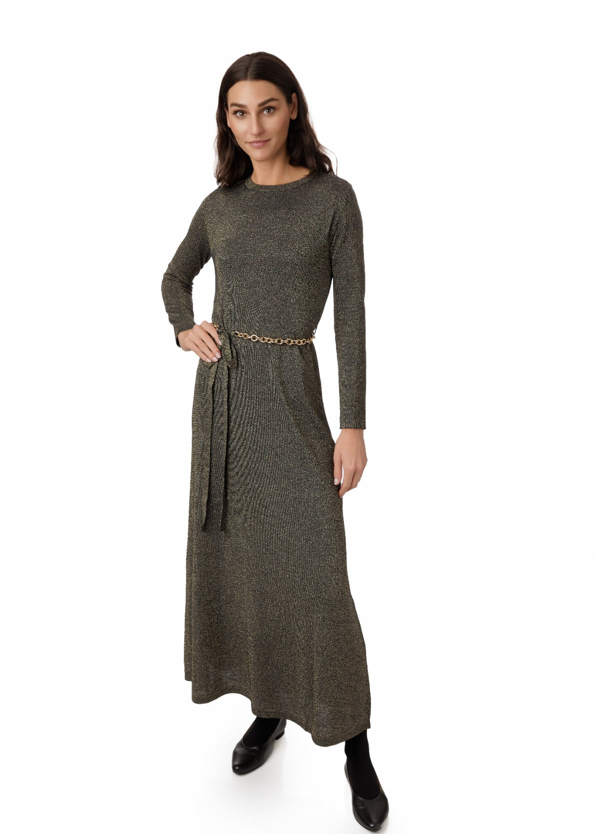 Knit Metalic Gold Belted Dress