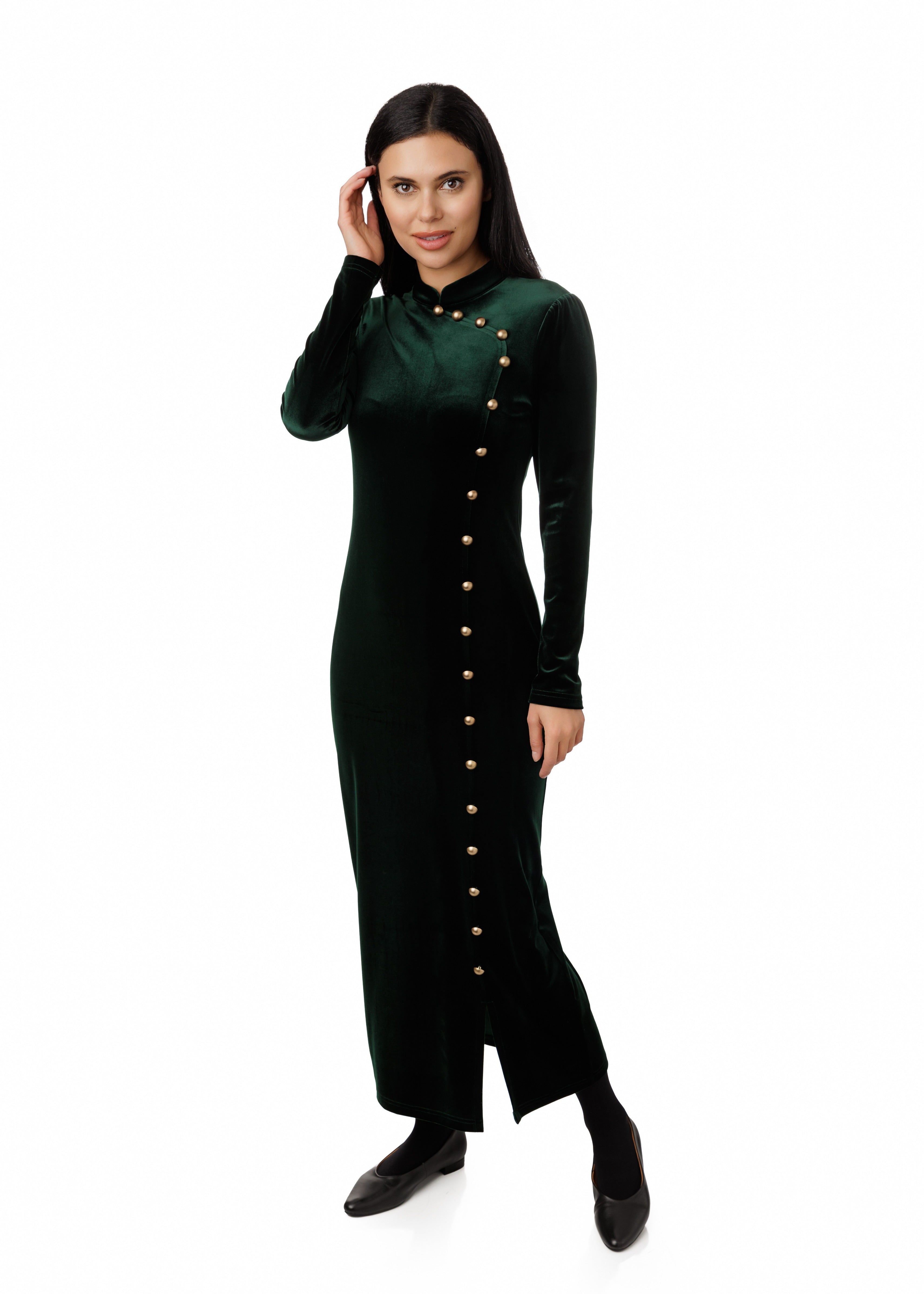 Emerald Green Velvet Chipao With Goldern Buttons Bottom Slit