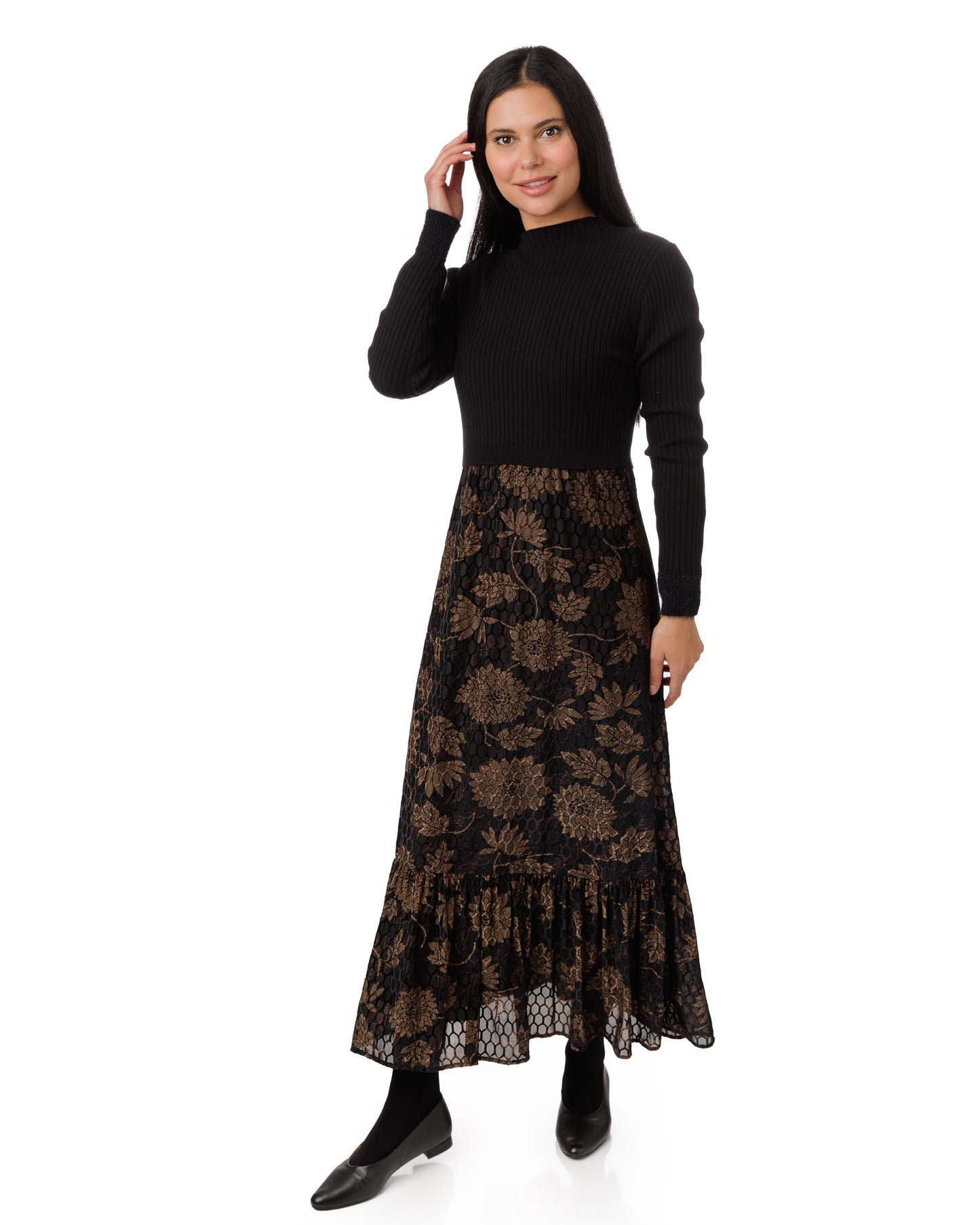 Black Knit Overlay With Brown Velvet Printed Bottom Dress