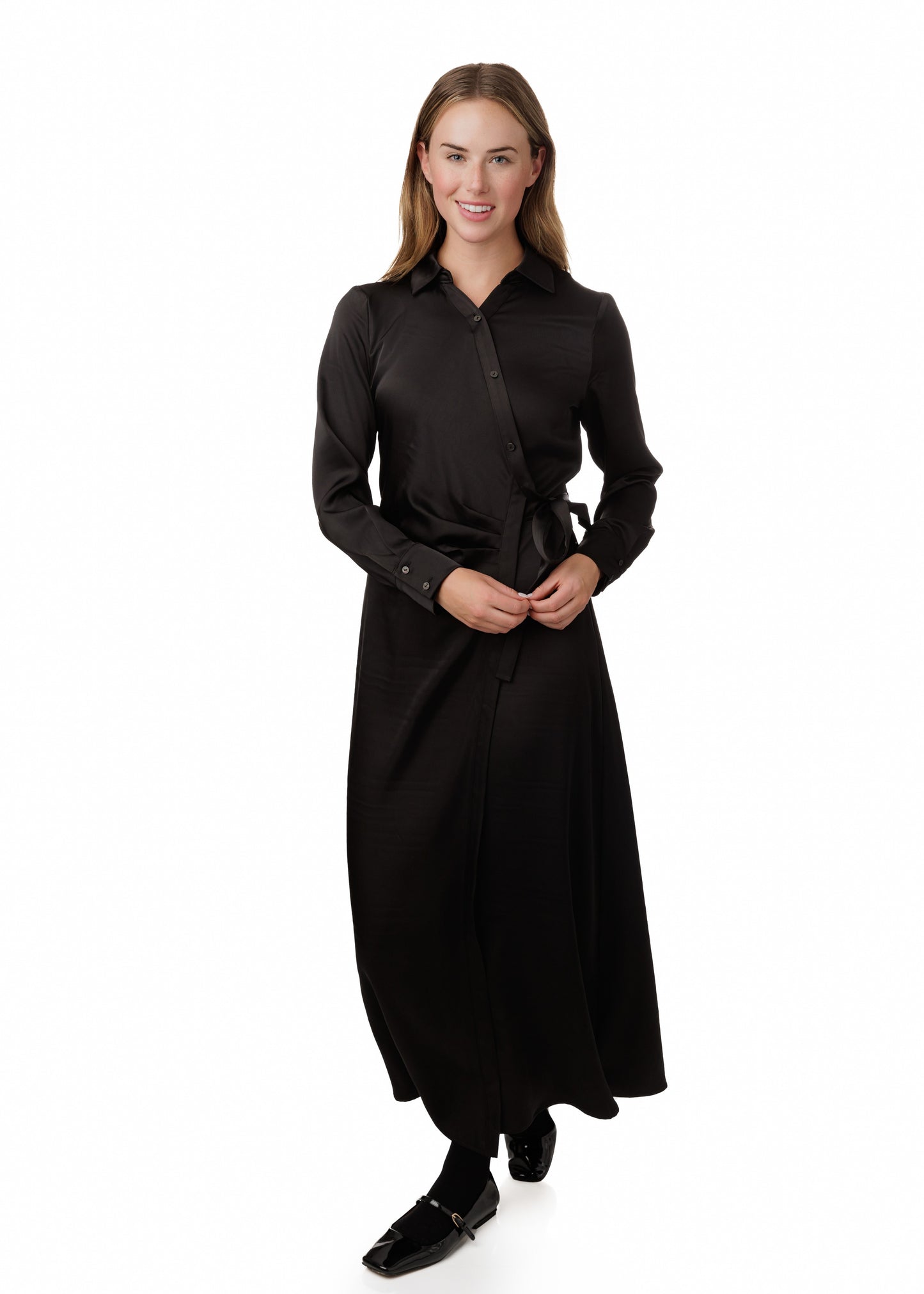 Black Solid Dress With Diagonal Placket