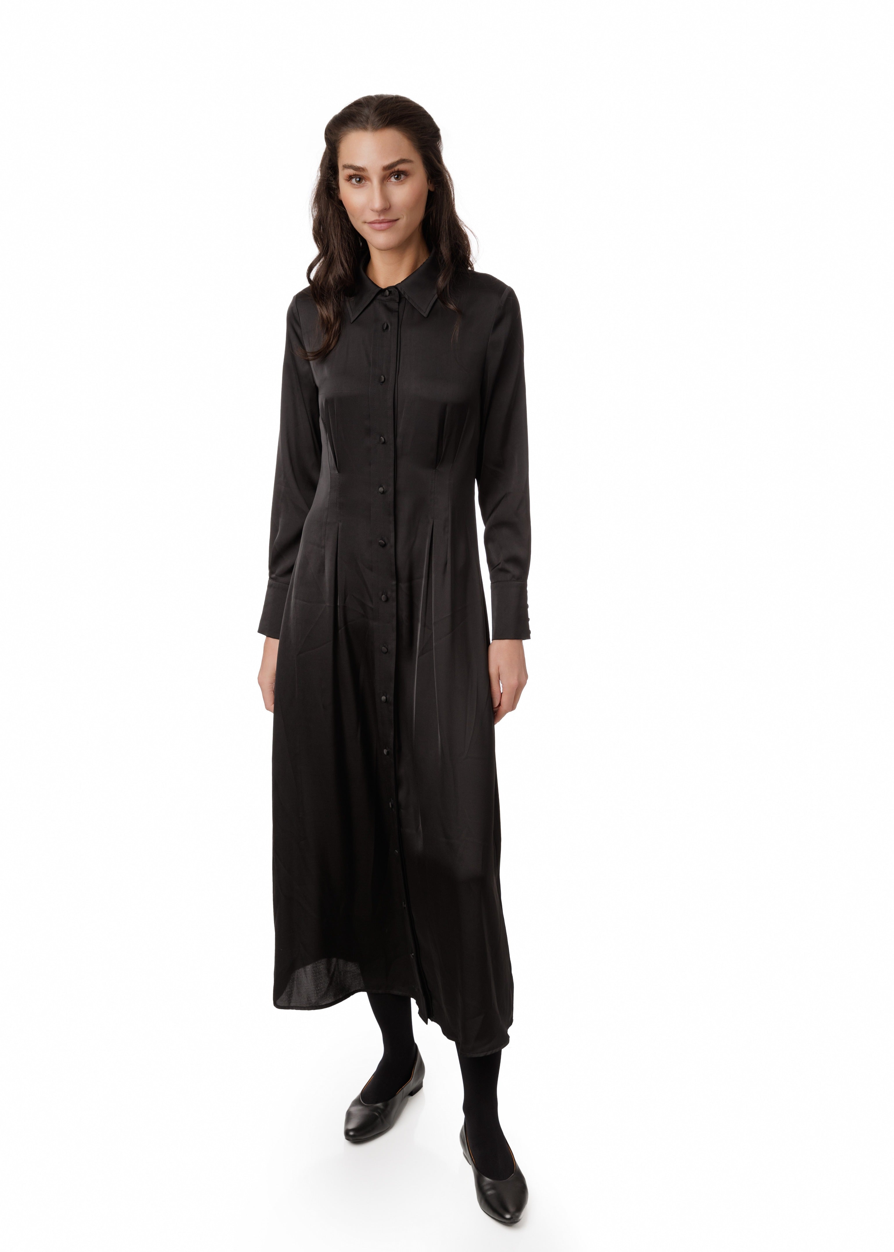 Black Plain Satin Shirt Dress