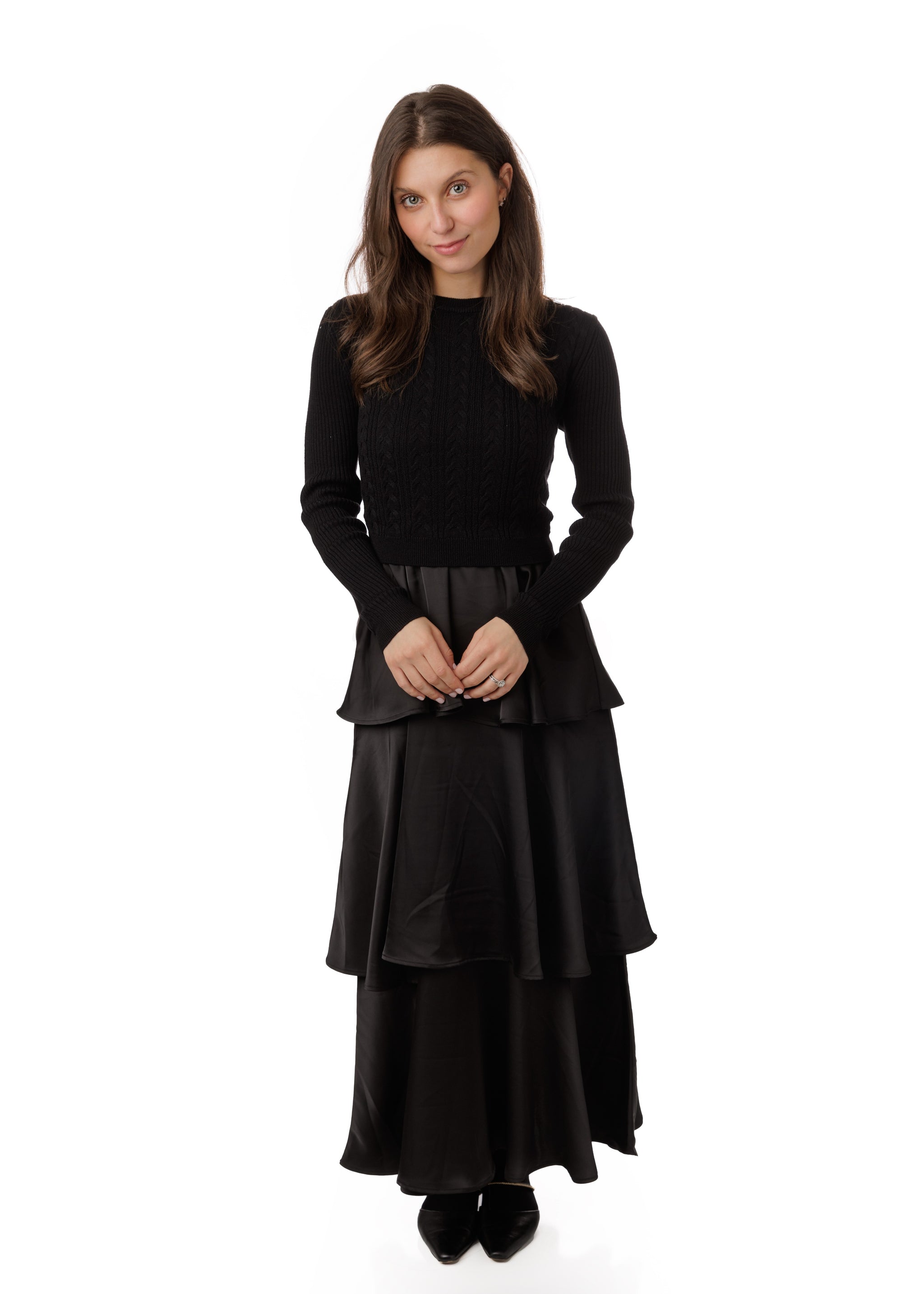 Black Silk Tiered Dress With Knit Overlay