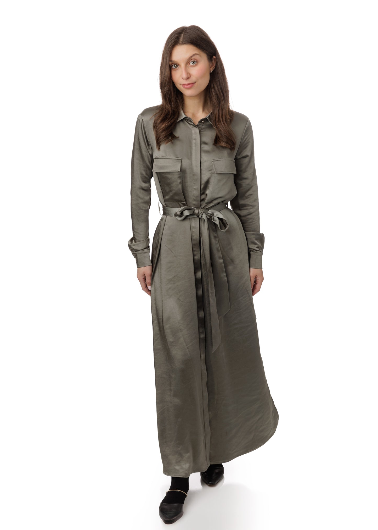 Olive Green Waistbelt Pocket Shirt Dress