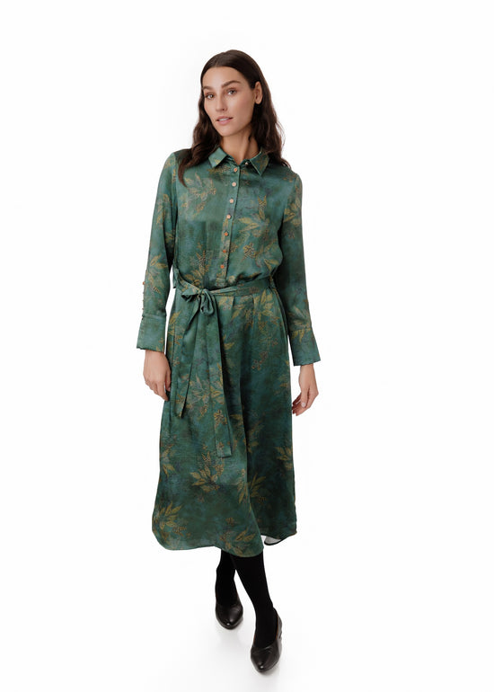 Emerald Green Yellow Leaves Printed Wrinkle Shirt Dress