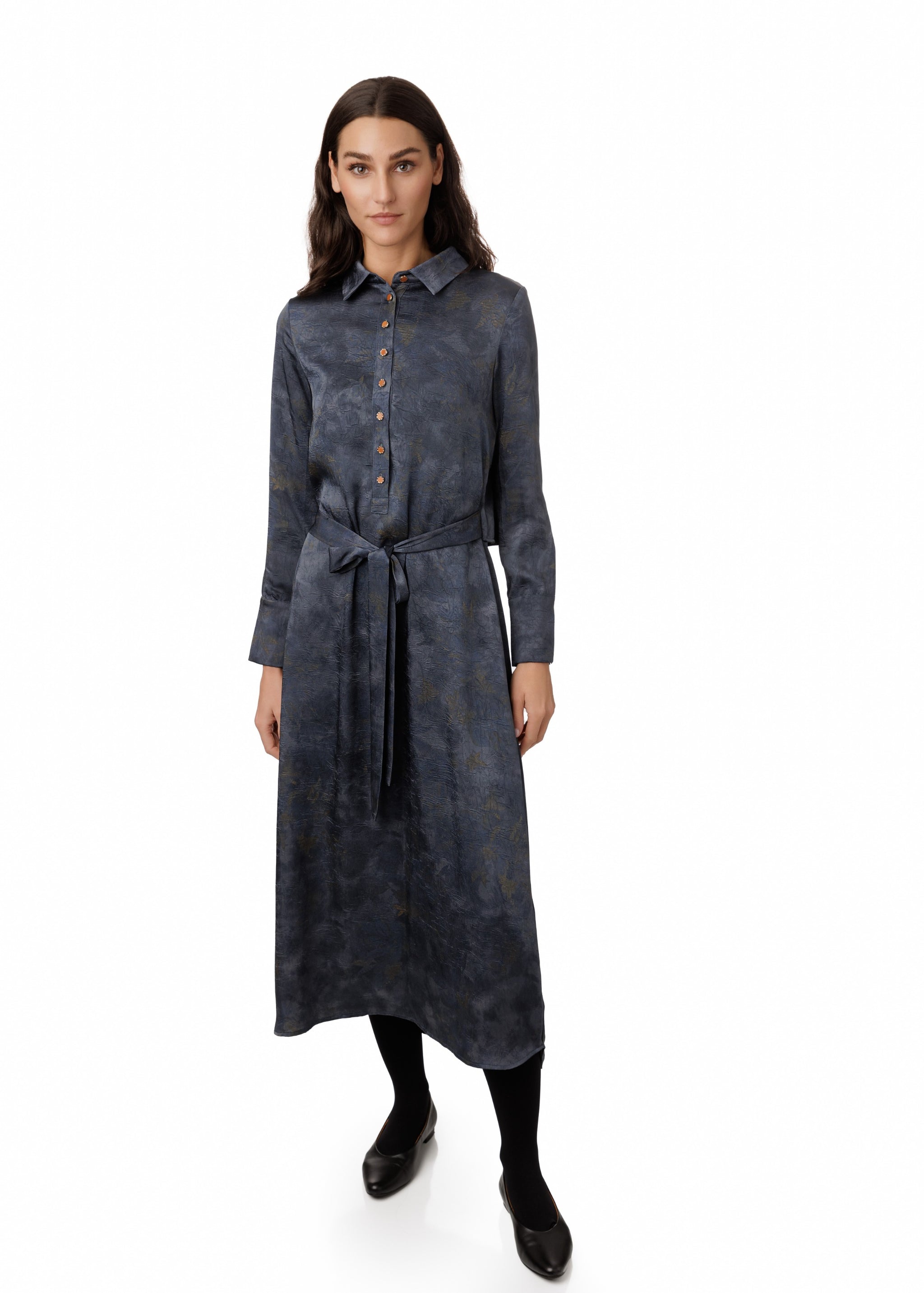 Navy Leaves Printed Wrinkle Shirt Dress