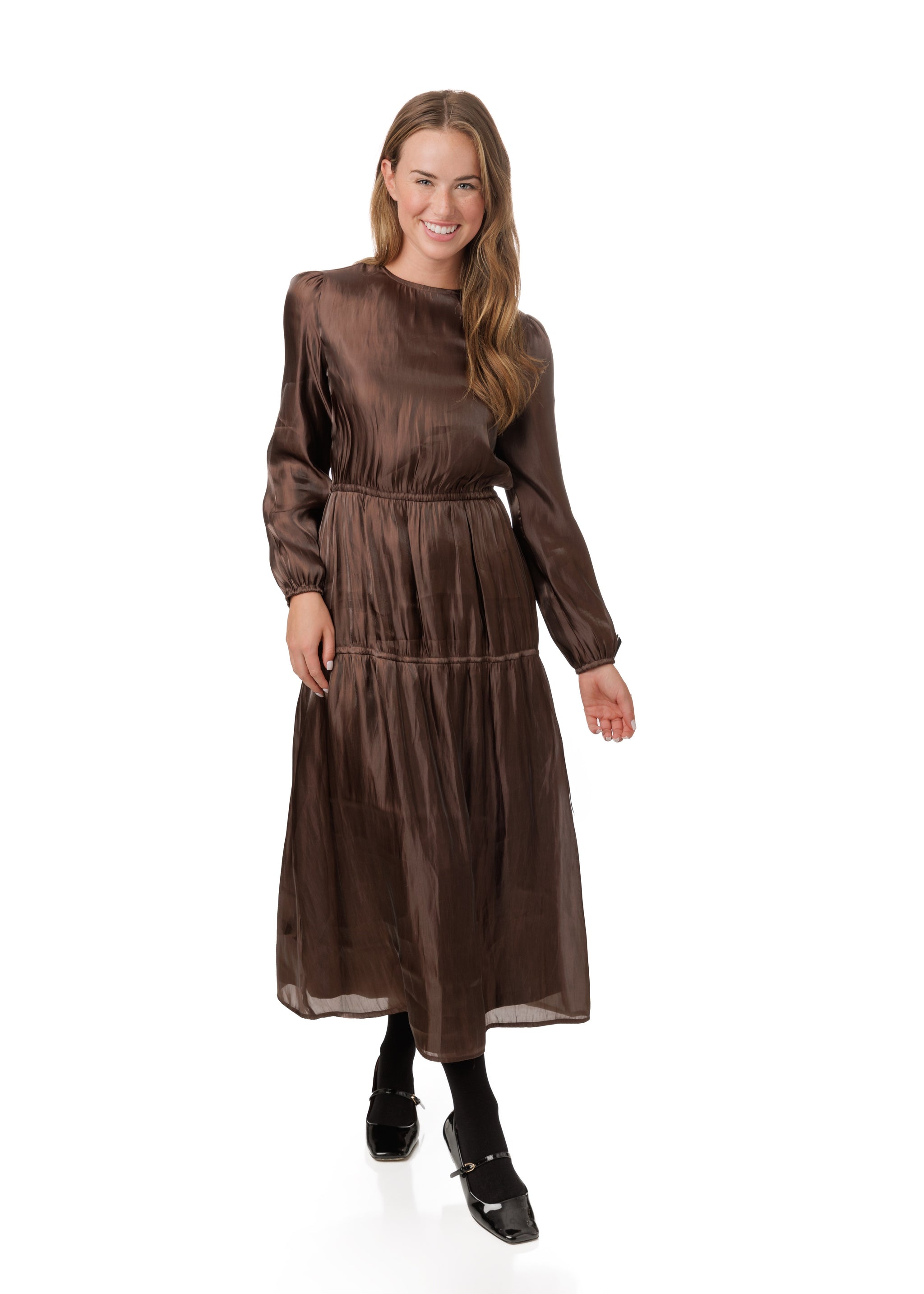 Coffee Solid Seamed Dress With Elastic Cuff