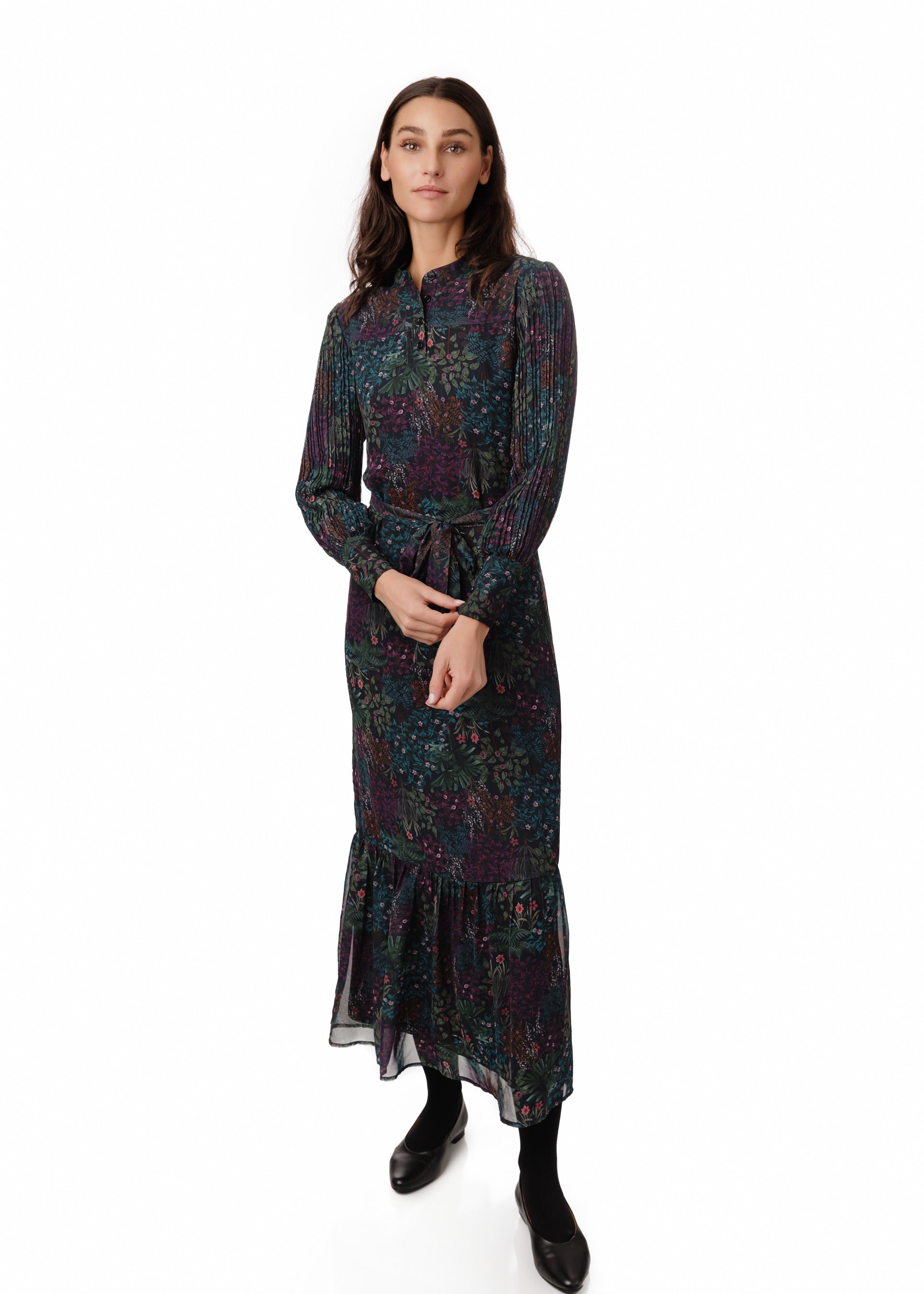 Multiflower Printed Pleated Sleeves Layer Dress