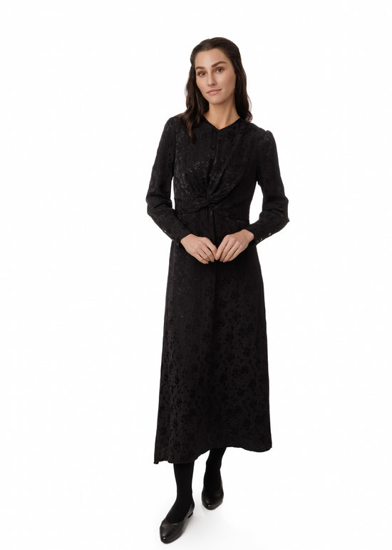 Black Flower Jacquard Waist Knot Dress