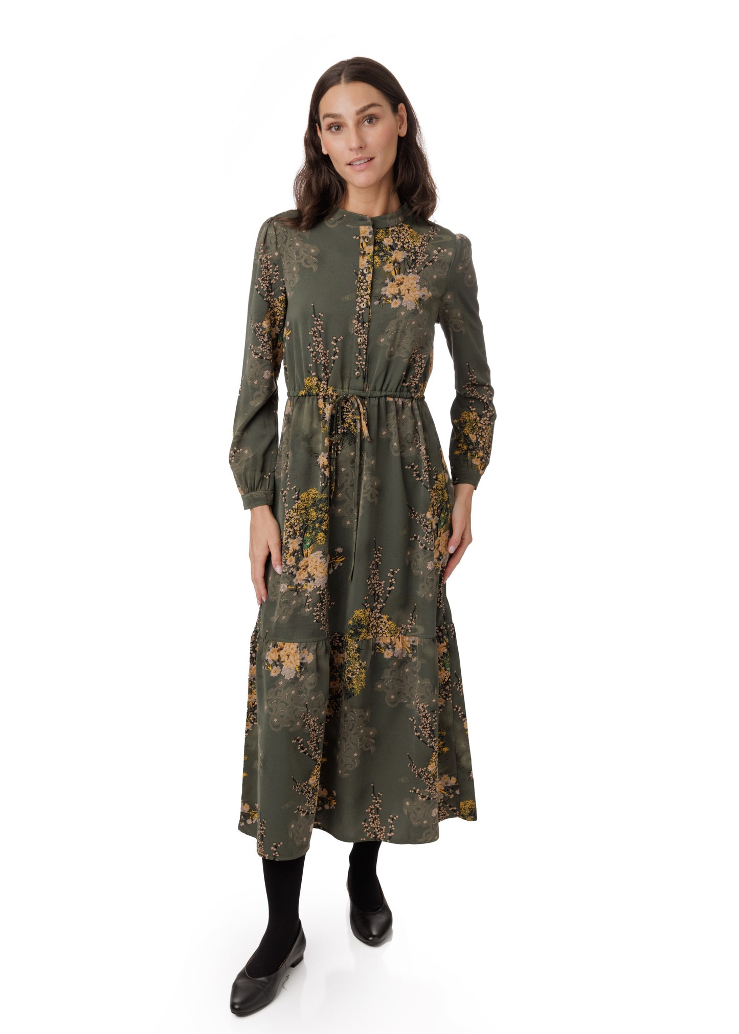 Hunter Green Flower Printed Waist Drawsting Layer Dress