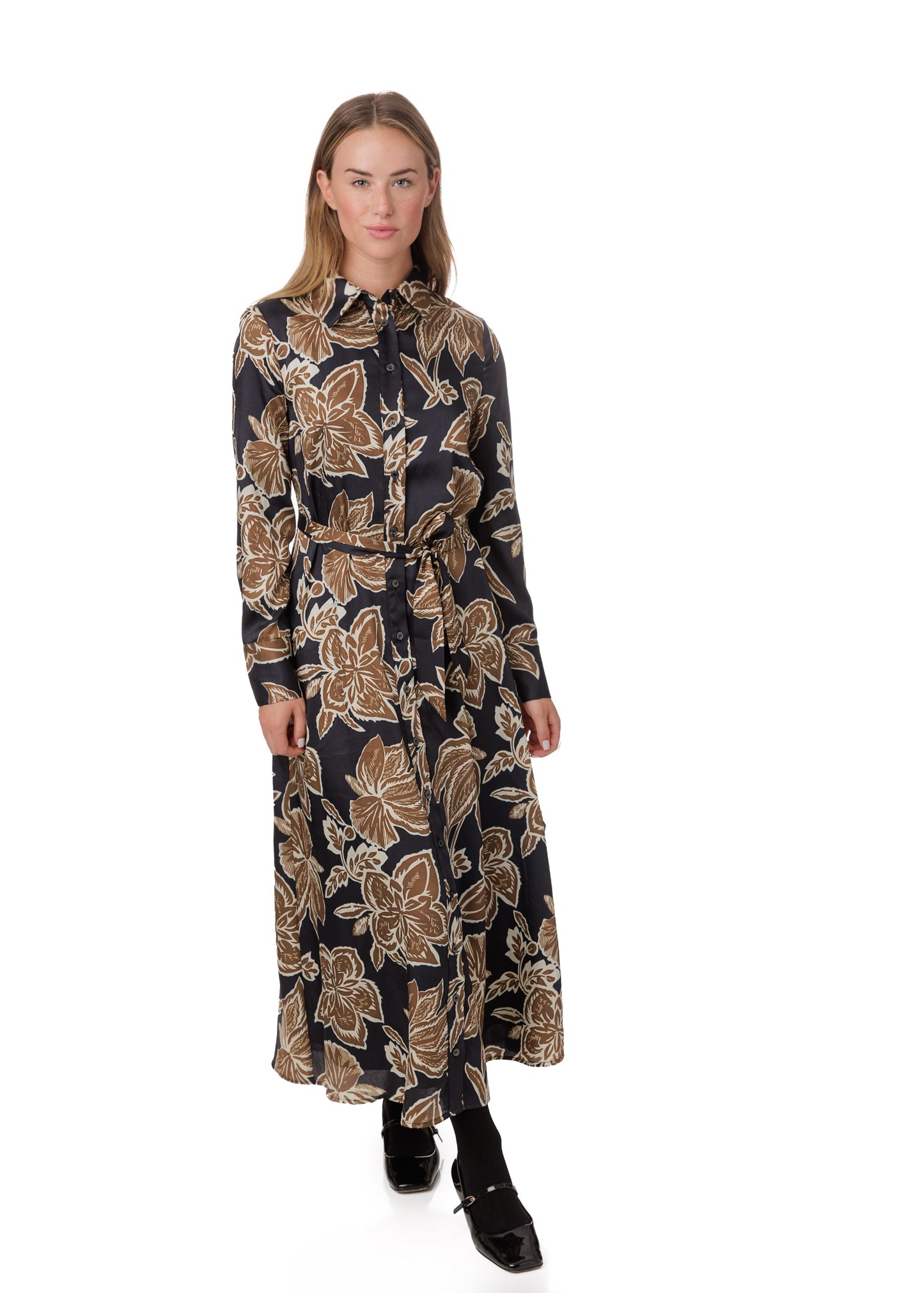 Tan Big Flower Printed Shirt Dress