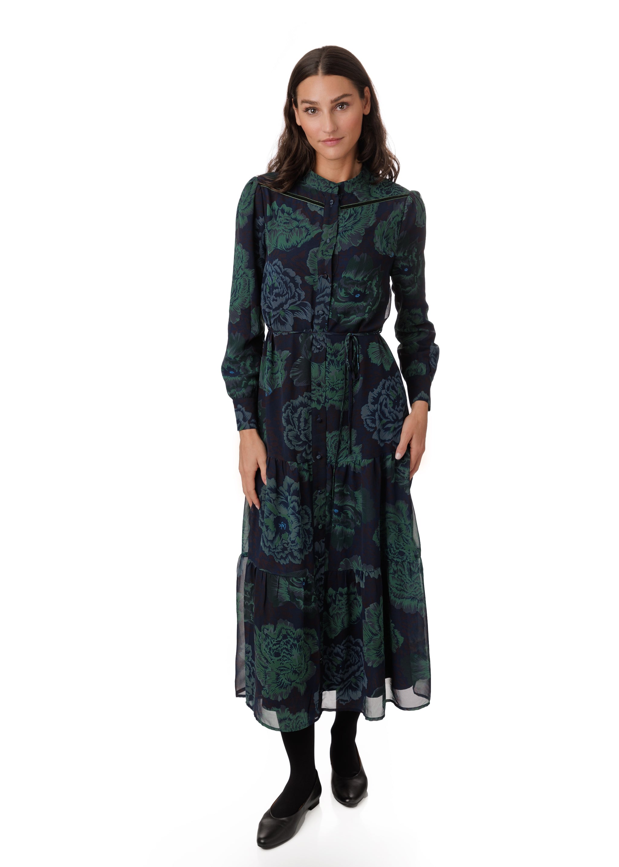 Navy & Green Big Flower Printed Layer Dress