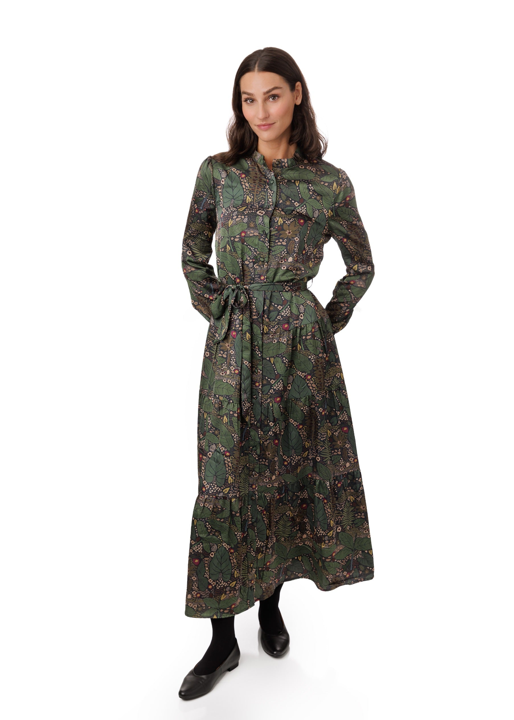 Olive Leaves Printed Placket Layer Dress