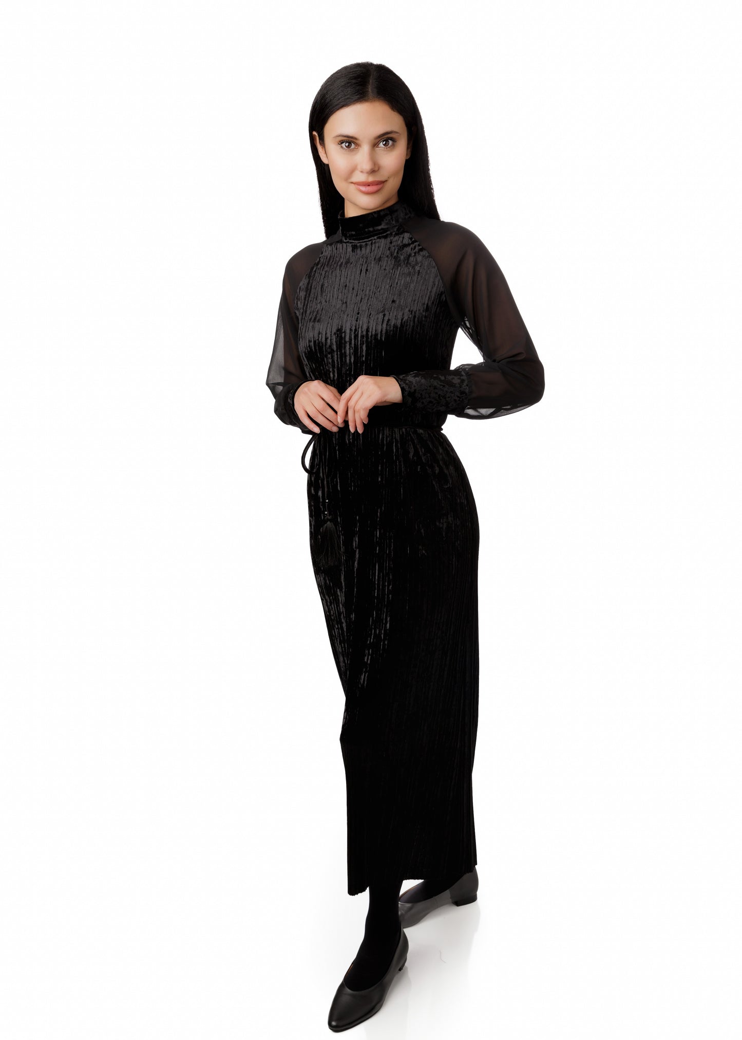 Black Pleated Velvet Raglan Sleeves Dress