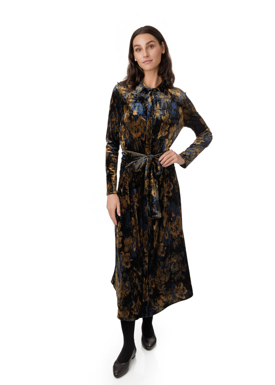 Navy Velvet Mustard Flower Printed Shirt Dress