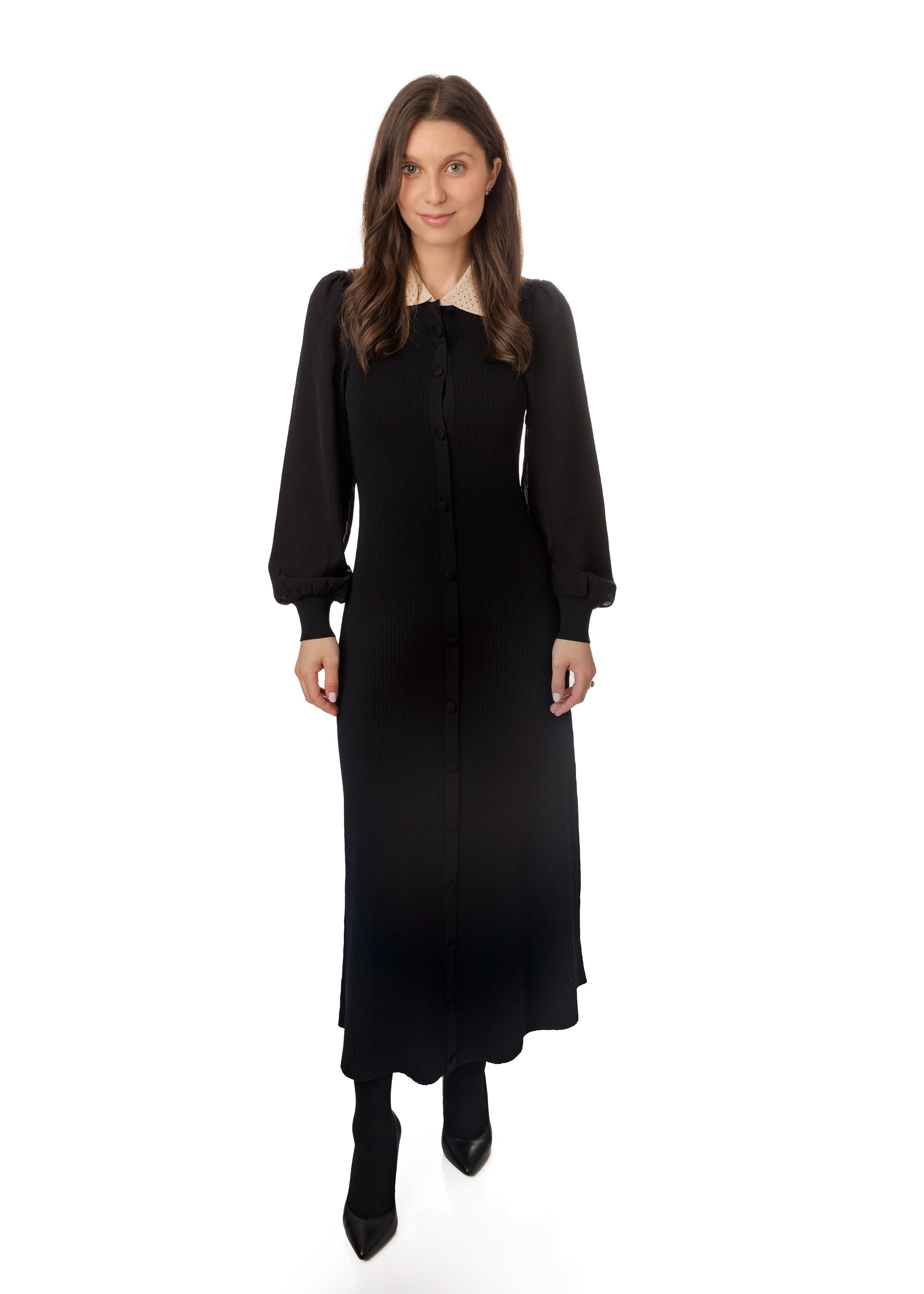 Black Collared Knit Front Chiffon Sleeved Dress