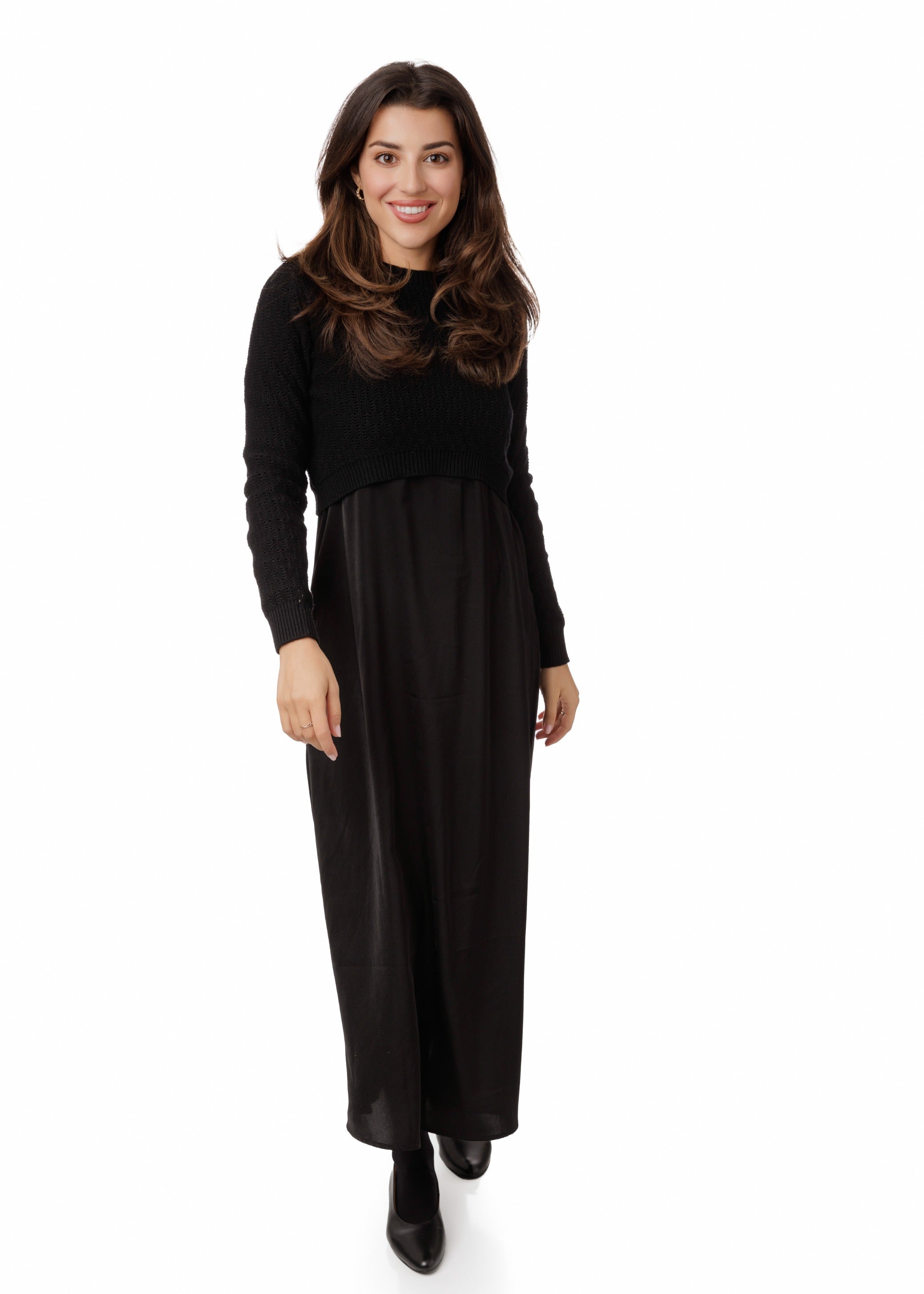 Black Satin Jumper With Knit Overay