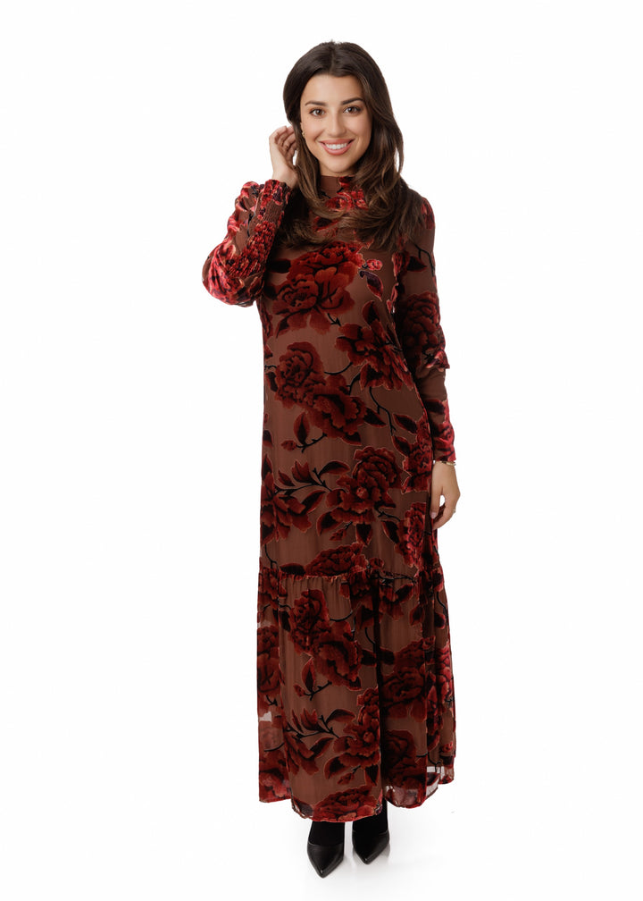 Rust Red Velvet Flower Cutting Layer Dress