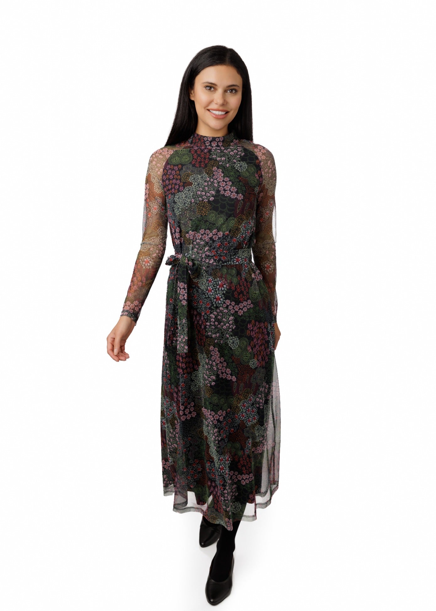 Printed Mesh Sleeved Dress