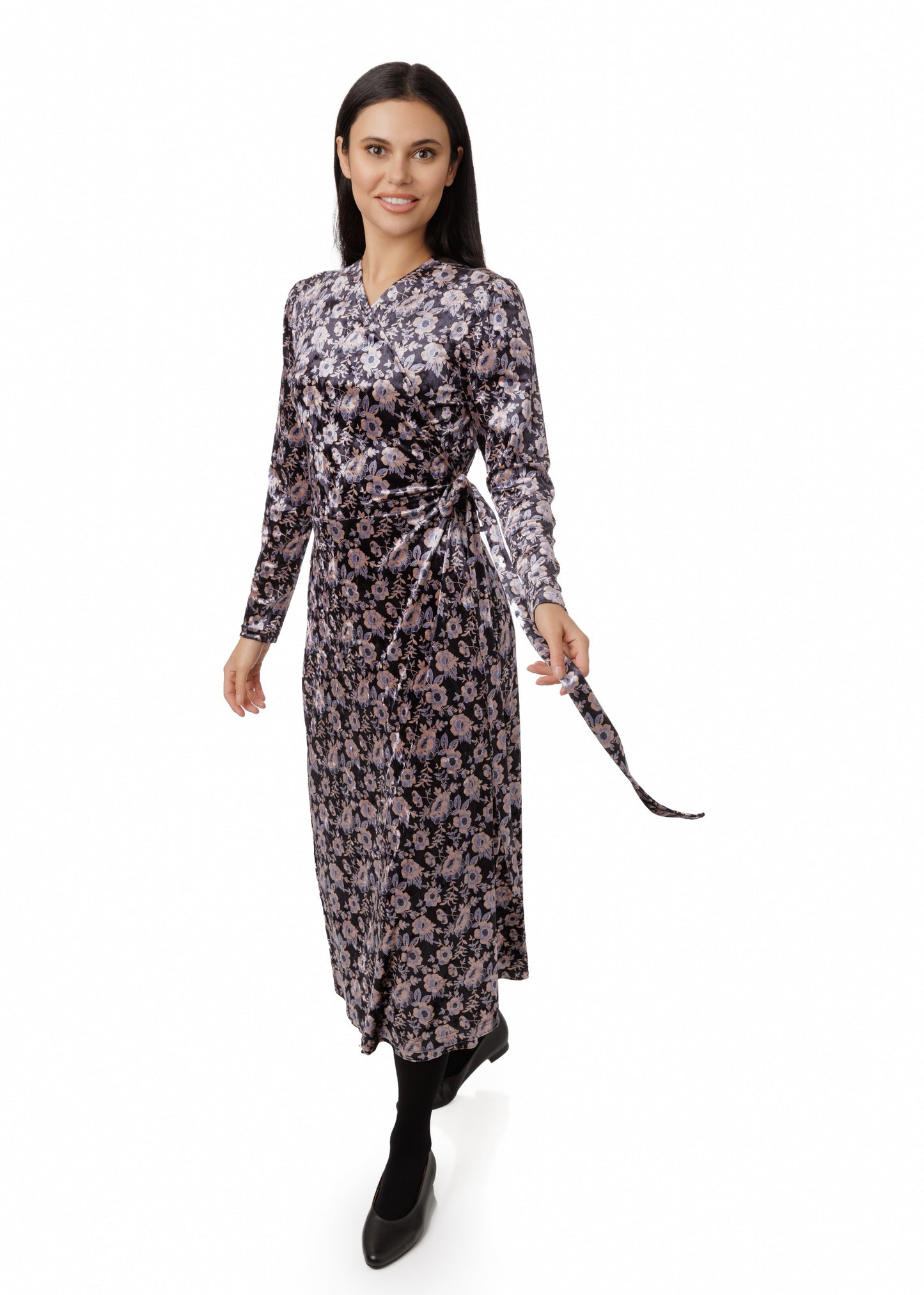 Black Velvet Flower Printed Wrap Dress