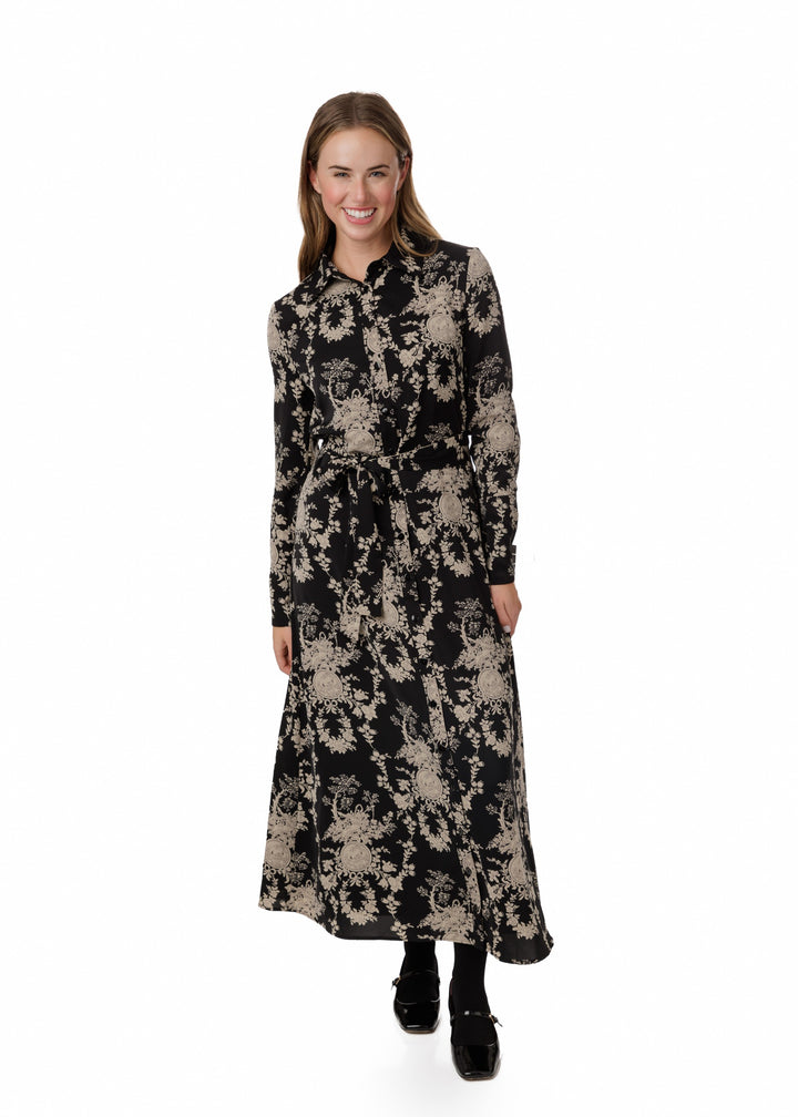 Black Base Stone Flower Printed Shirt Dress