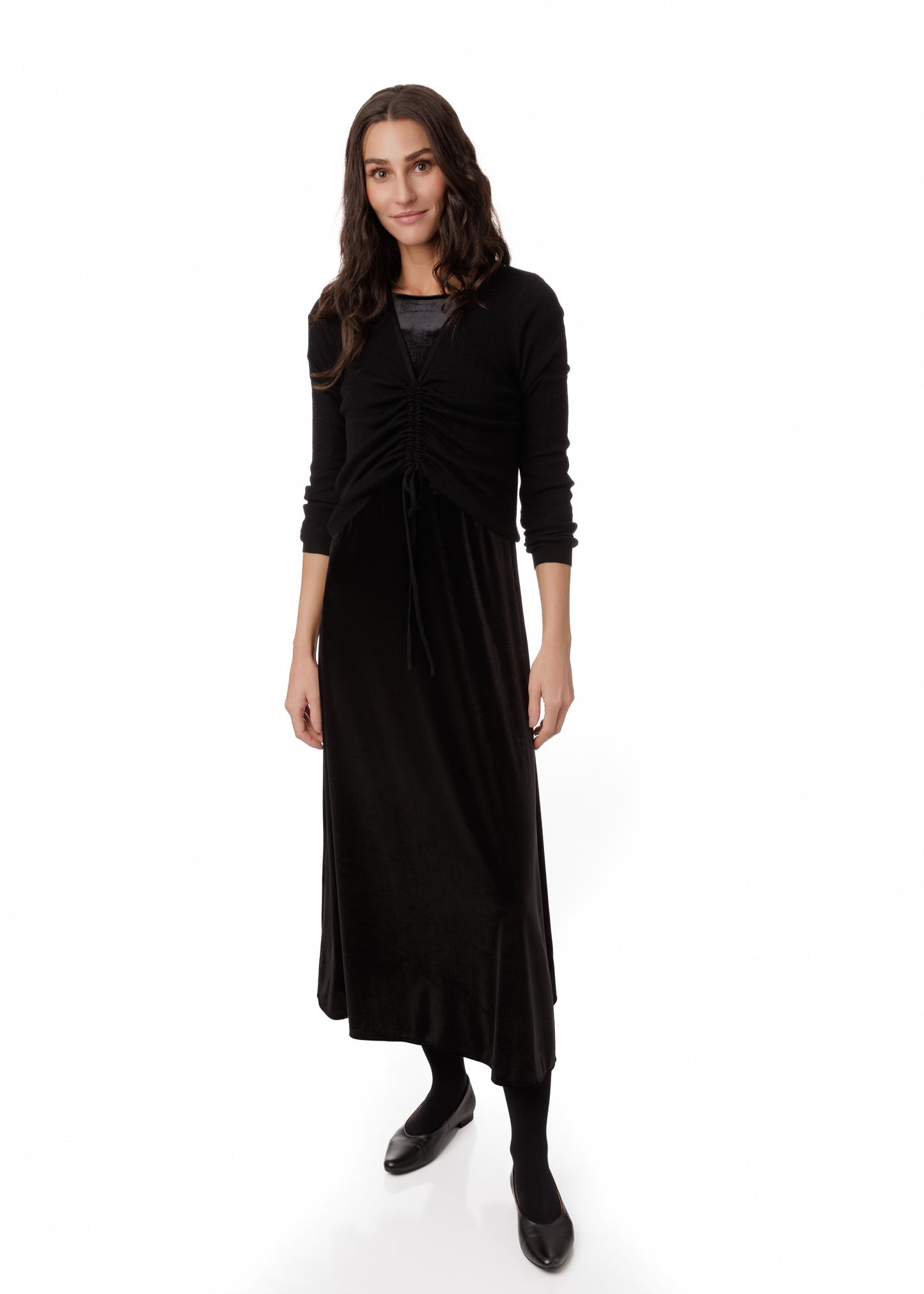 Velvet Dress With Knit Ruched Overlay