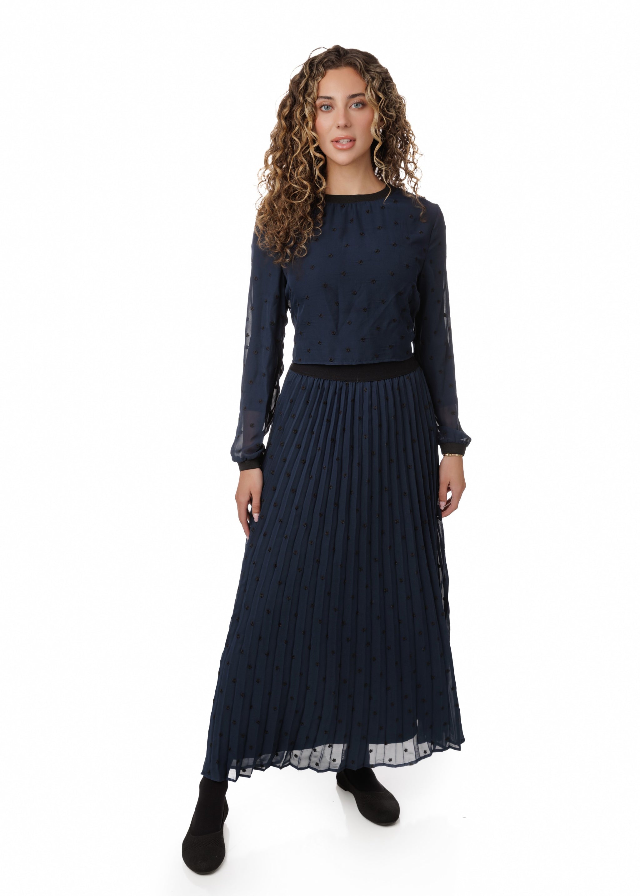 Navy Floral Embroidered Pleated Skirt