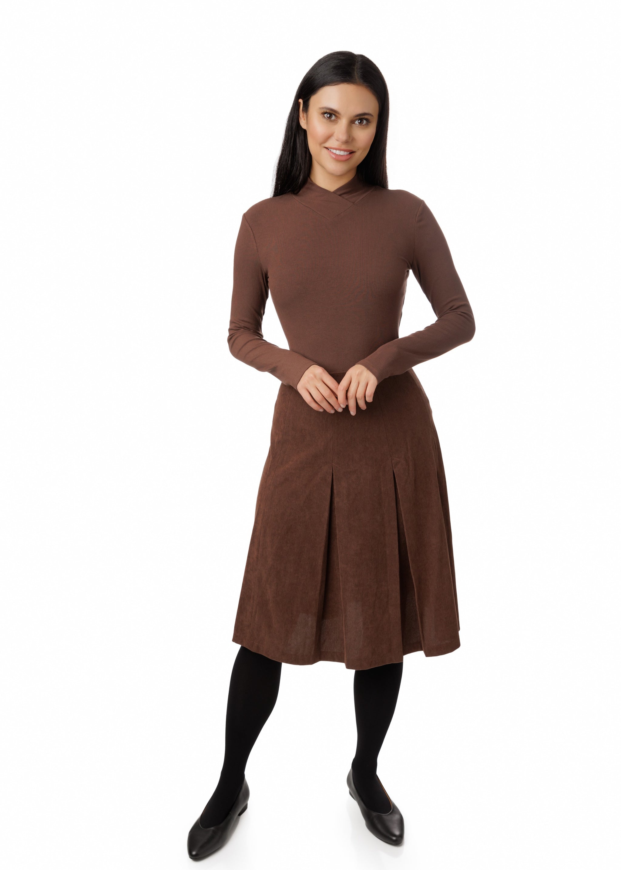 Brown Courderoy Pleated Skirt