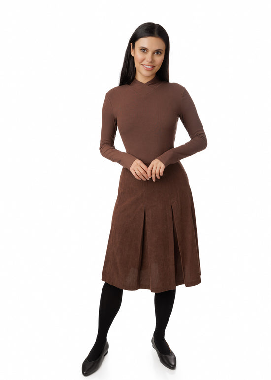 Brown Courderoy Pleated Skirt