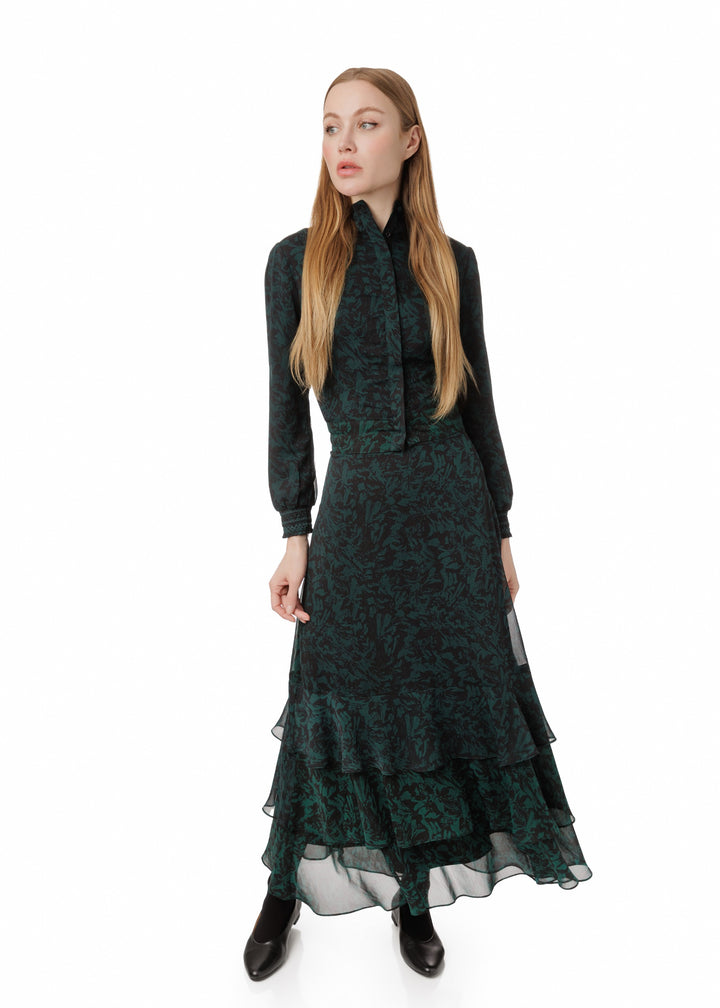 Black Base Green Pattern Printed Pleated Velvet Skirt