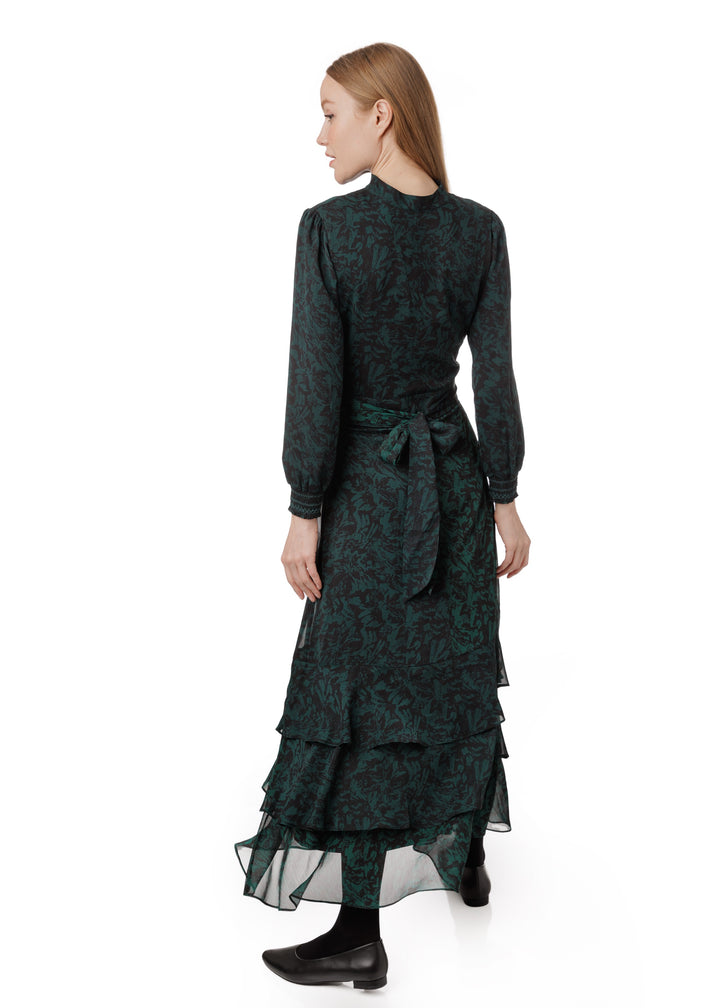 Black Base Green Pattern Printed Pleated Velvet Skirt