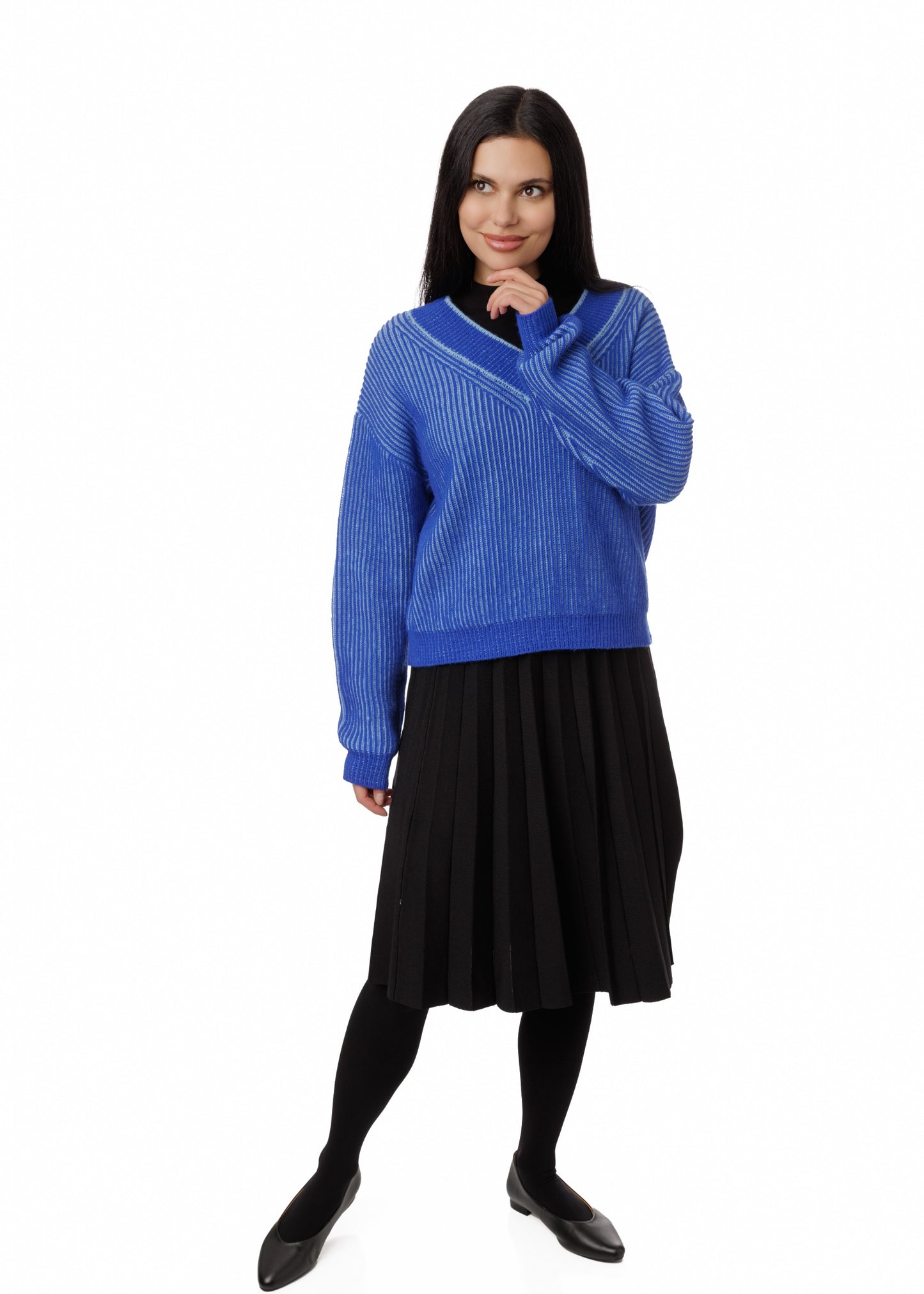 Blue Knit V Neck Sweater