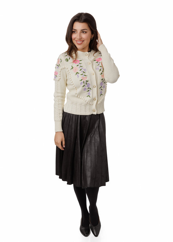 Ivory Knit Sweater With Floarl Embroidery