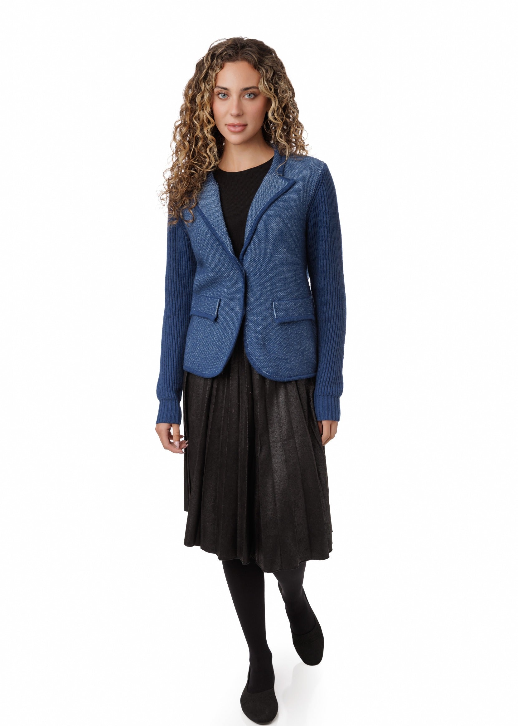 Blue Ribbed Sleeve Knit Blazer