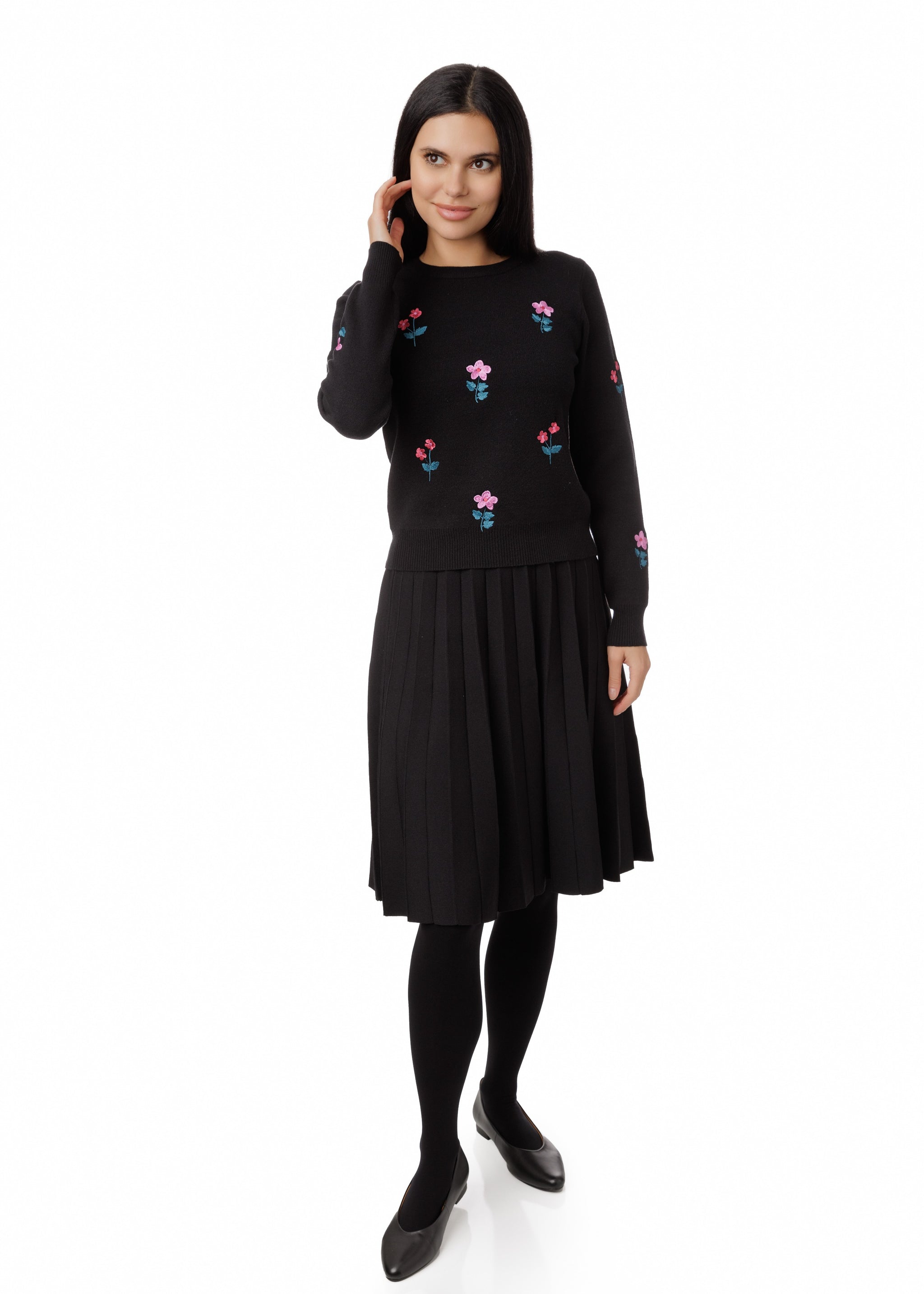 Black Knit Sweater With Multicolor Embroidery