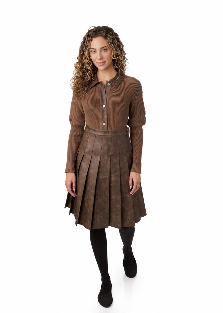 Brown Lether Pleated Skirt