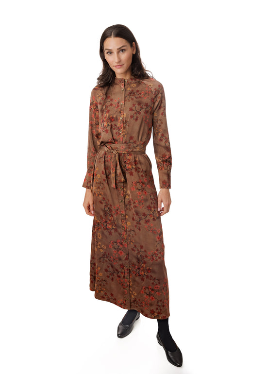 Brown Base Red/Yellow Flower Printed Dress