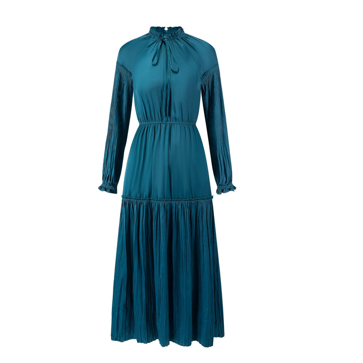 Teal Blue Solid Pleated Dress