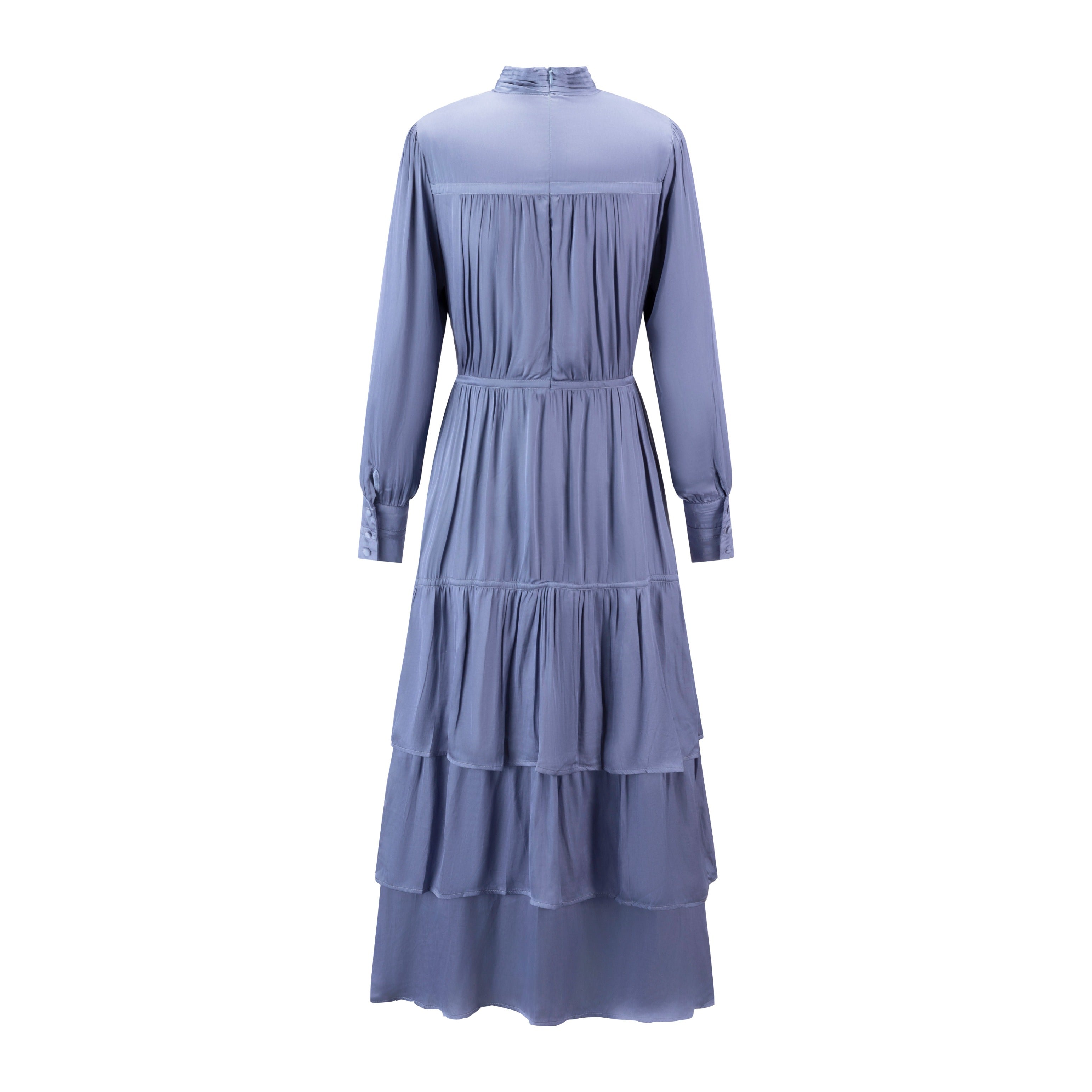 Slate Blue Pleated Dress With Pleated Neckline Detail