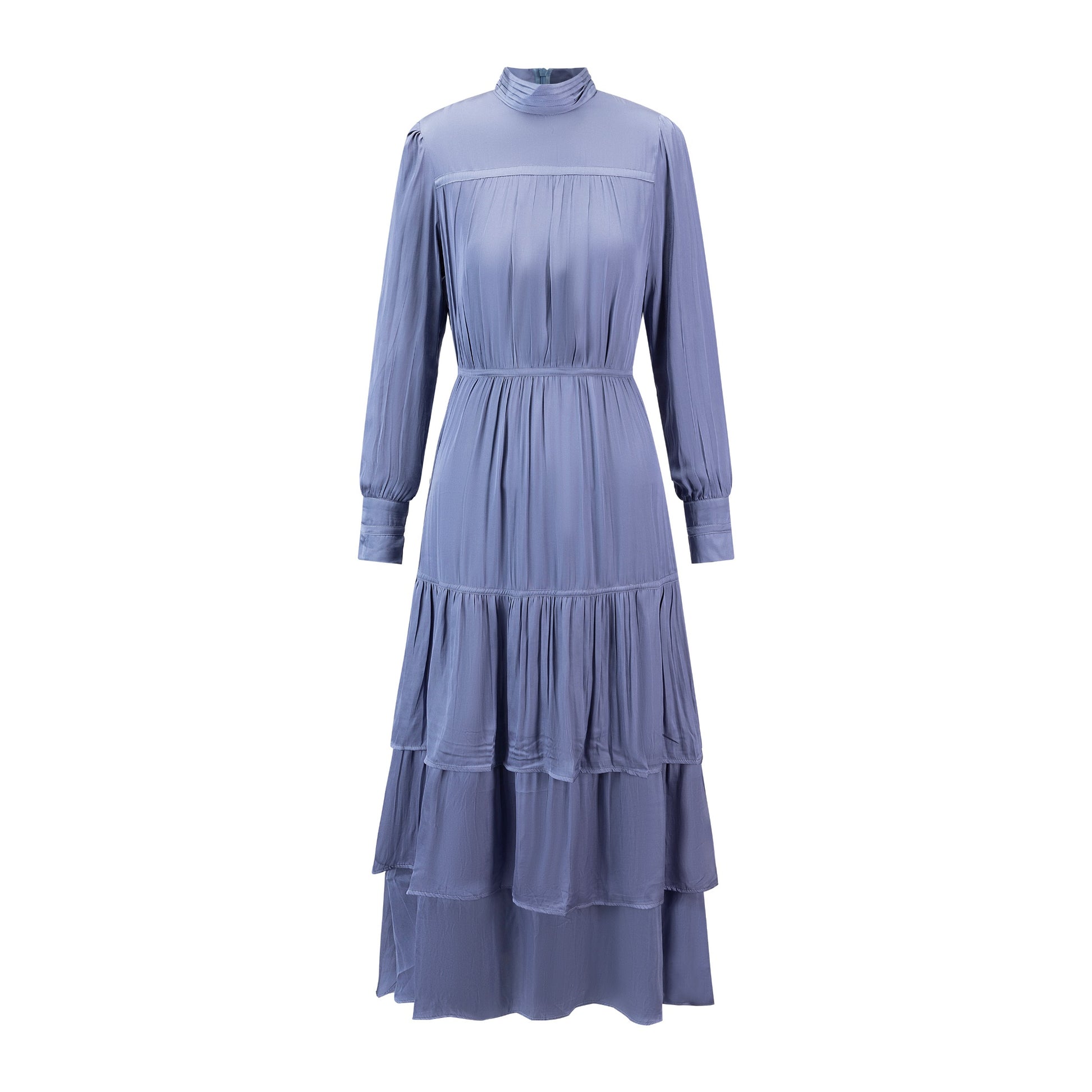 Slate Blue Pleated Dress With Pleated Neckline Detail