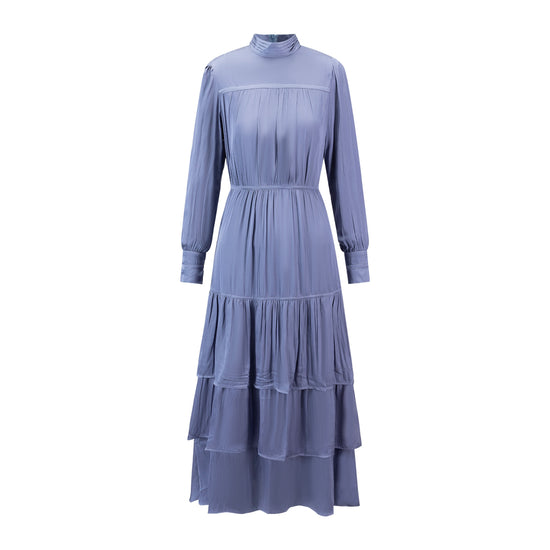 Slate Blue Pleated Dress With Pleated Neckline Detail