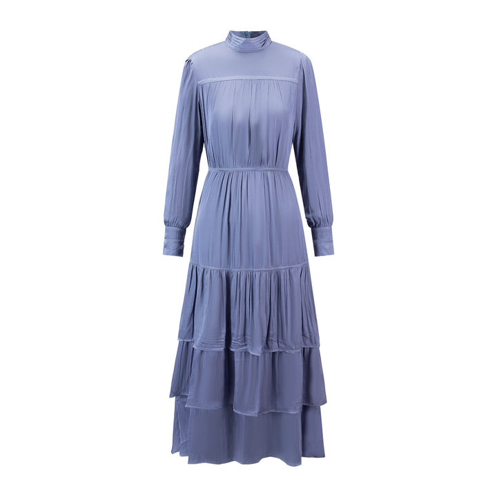 Slate Blue Pleated Dress With Pleated Neckline Detail